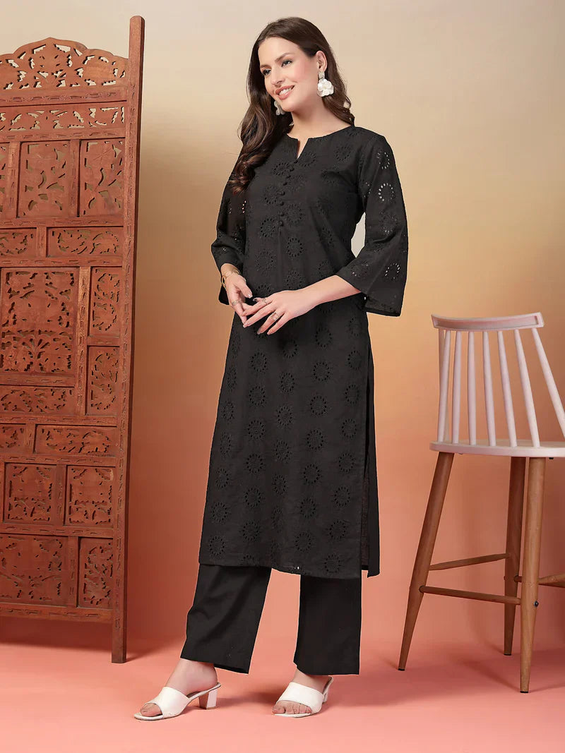 "Aarvi" - Charming Schiffli Embroidery Cotton Kurta & Pants Set