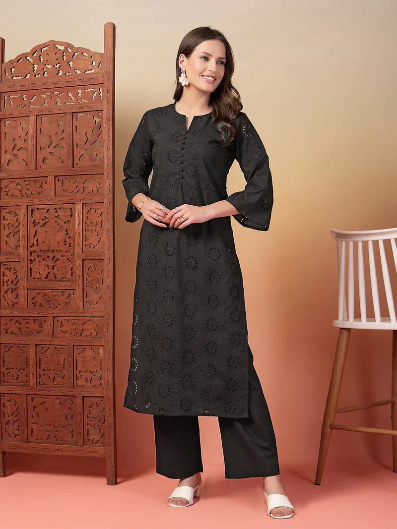 "Aarvi" - Charming Schiffli Embroidery Cotton Kurta & Pants Set