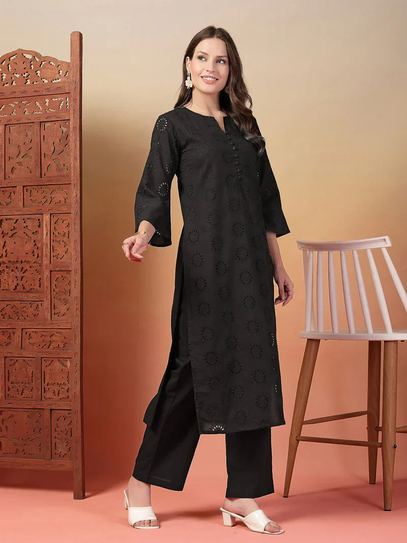 "Aarvi" - Charming Schiffli Embroidery Cotton Kurta & Pants Set