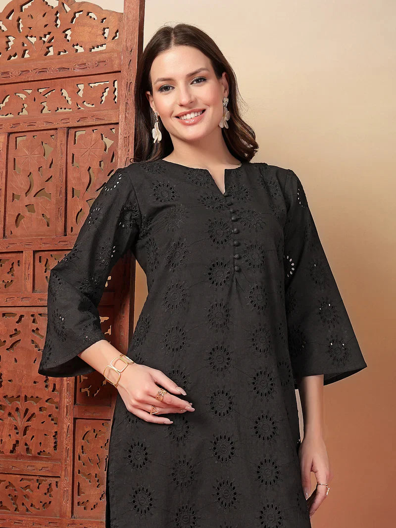 "Aarvi" - Charming Schiffli Embroidery Cotton Kurta & Pants Set
