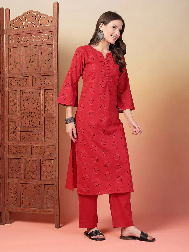 "Aarvi" - Charming Schiffli Embroidery Cotton Kurta & Pants Set