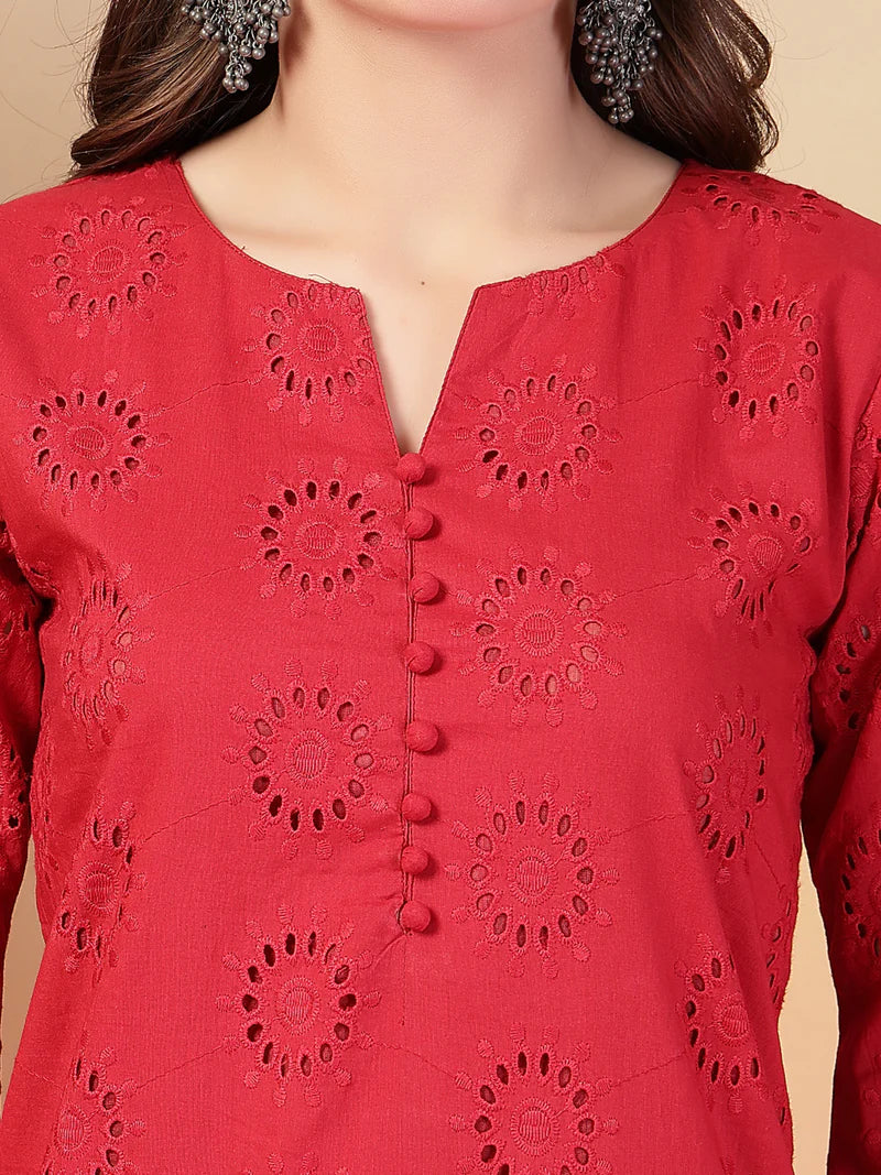 "Aarvi" - Charming Schiffli Embroidery Cotton Kurta & Pants Set