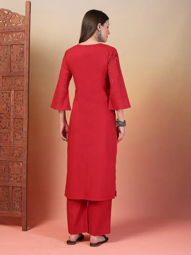 "Aarvi" - Charming Schiffli Embroidery Cotton Kurta & Pants Set