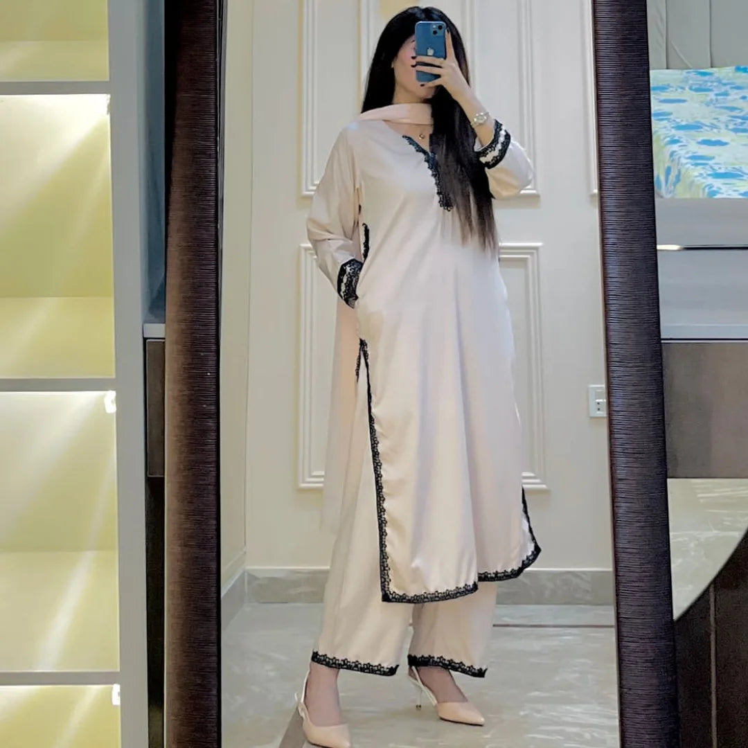 Beige Kurta Pant Dupatta Set with Black Lace Accents