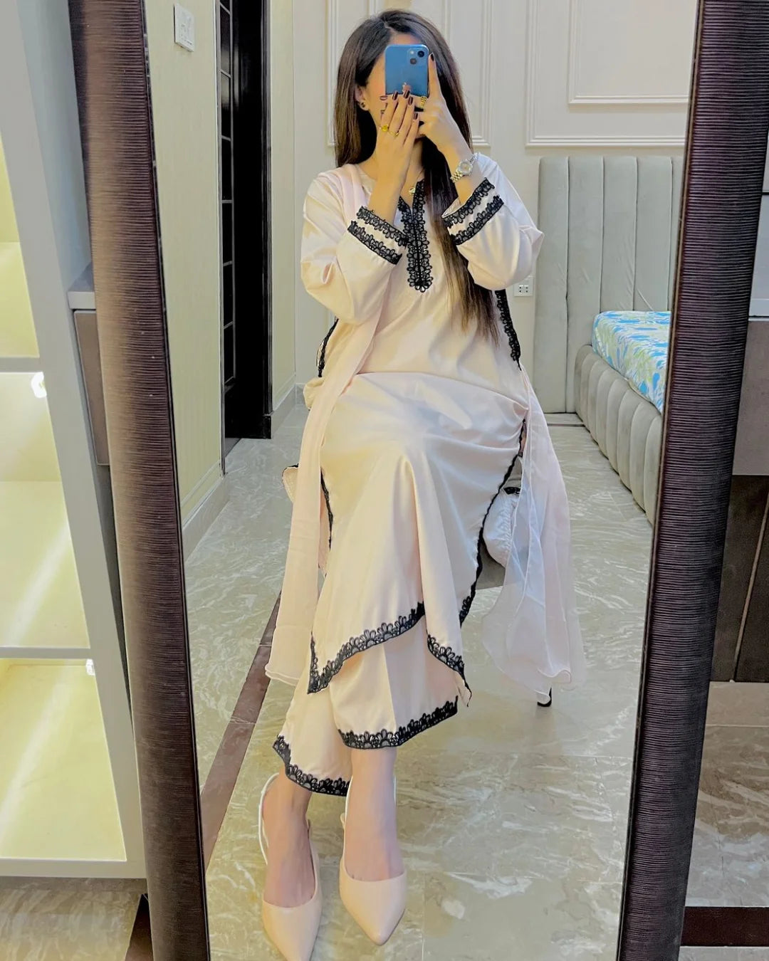 Beige Kurta Pant Dupatta Set with Black Lace Accents