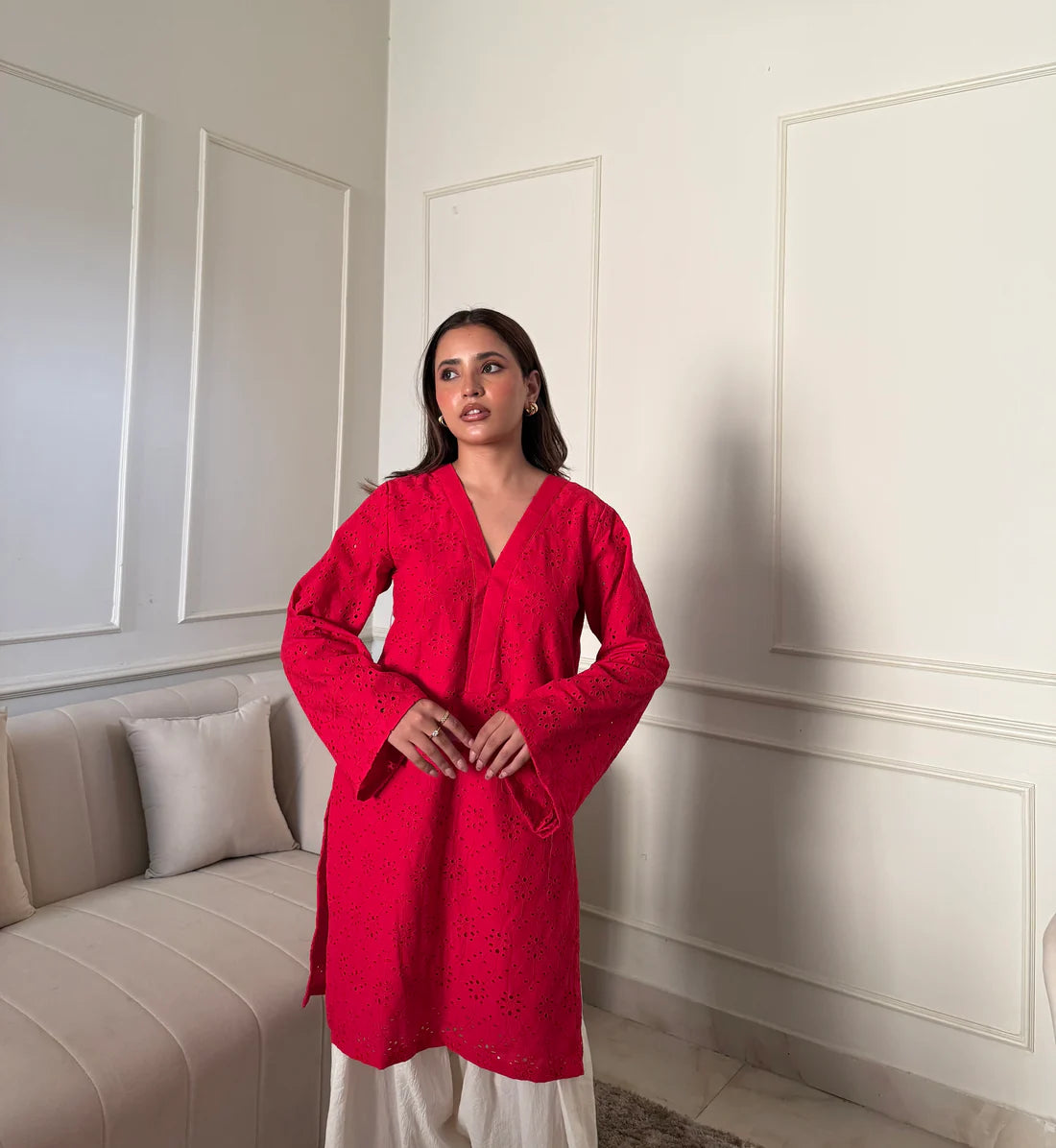 "Gulnar" - Red Hakoba Cotton Kurta with White Farshi Salwar Set