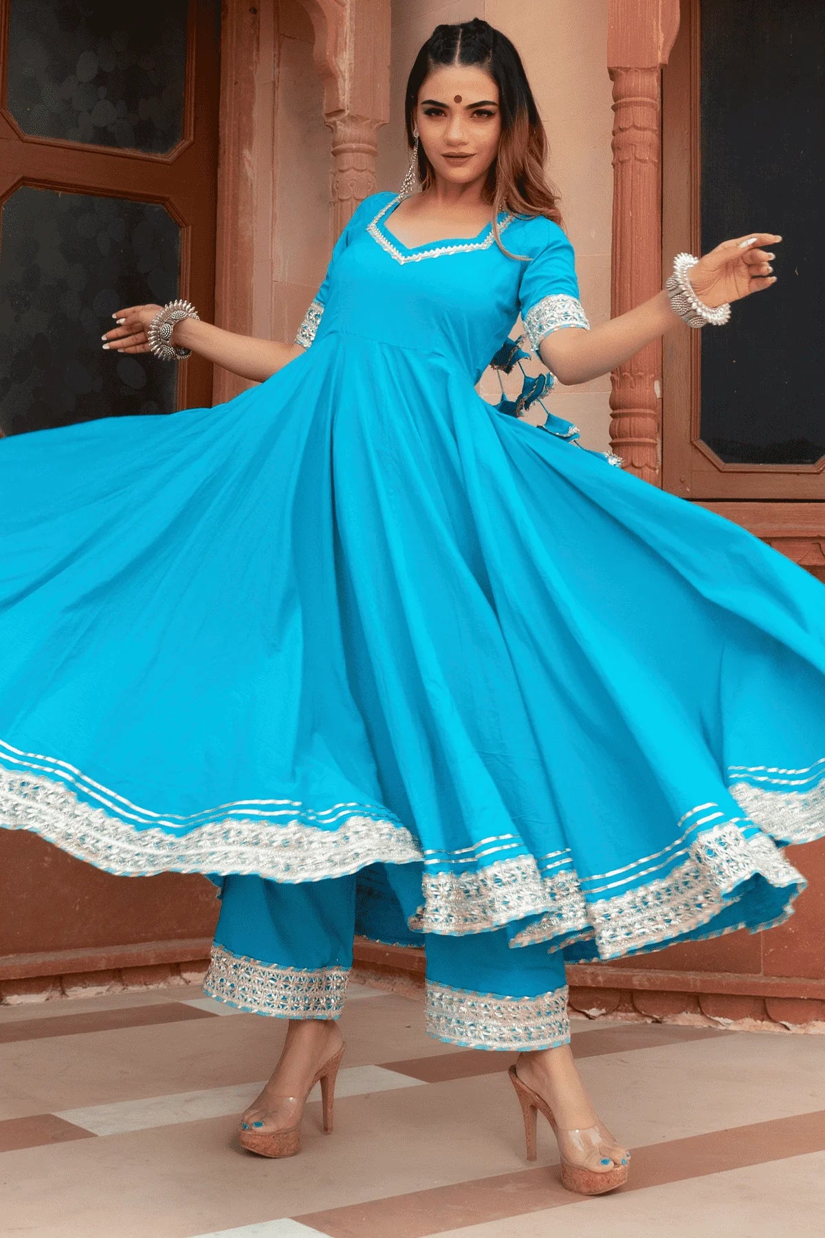 Kalamkari Bloom – Blue Cotton Anarkali with Net Dupatta