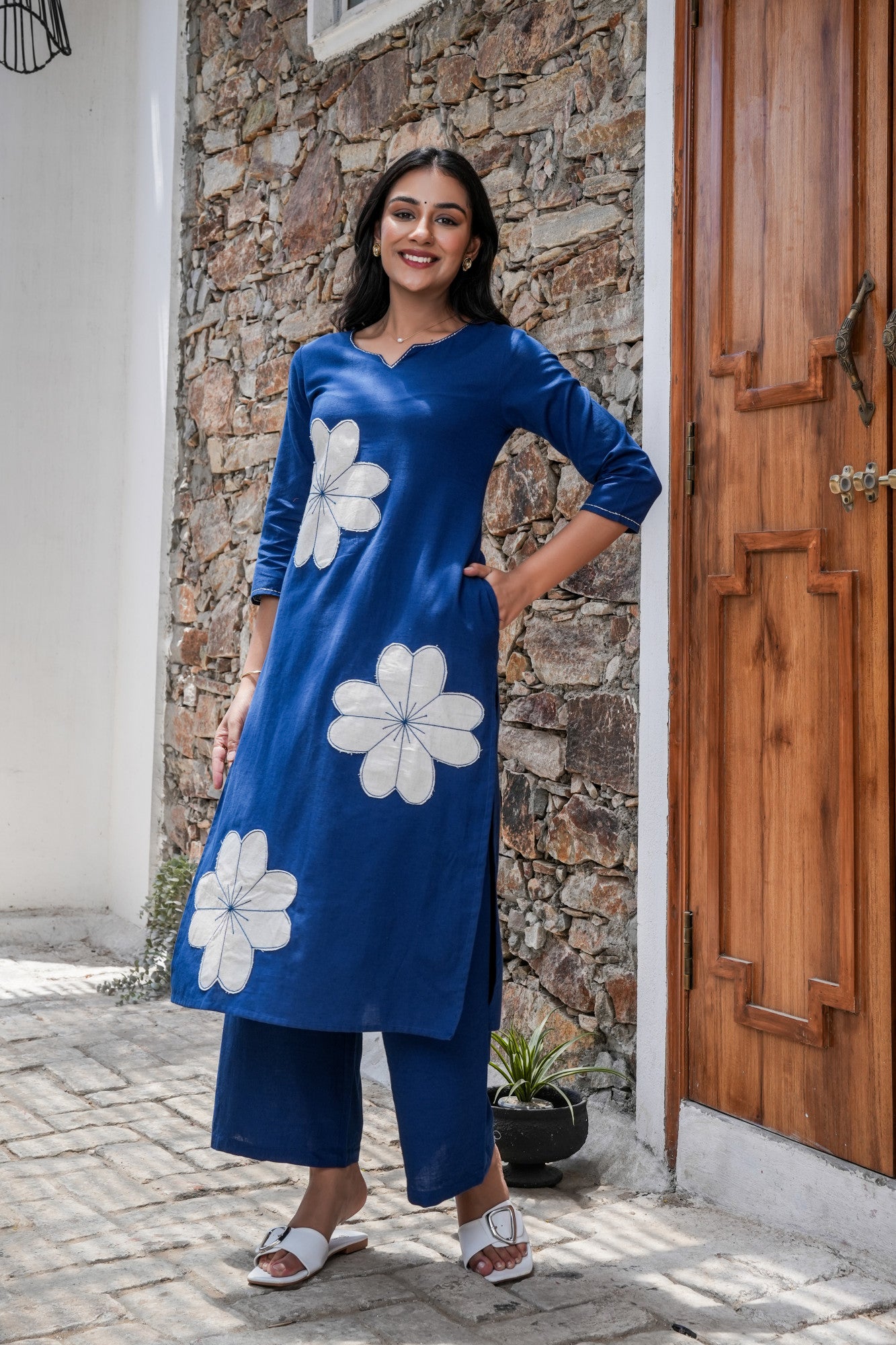 Indigo Patch Bloom Cotton Kurta Set