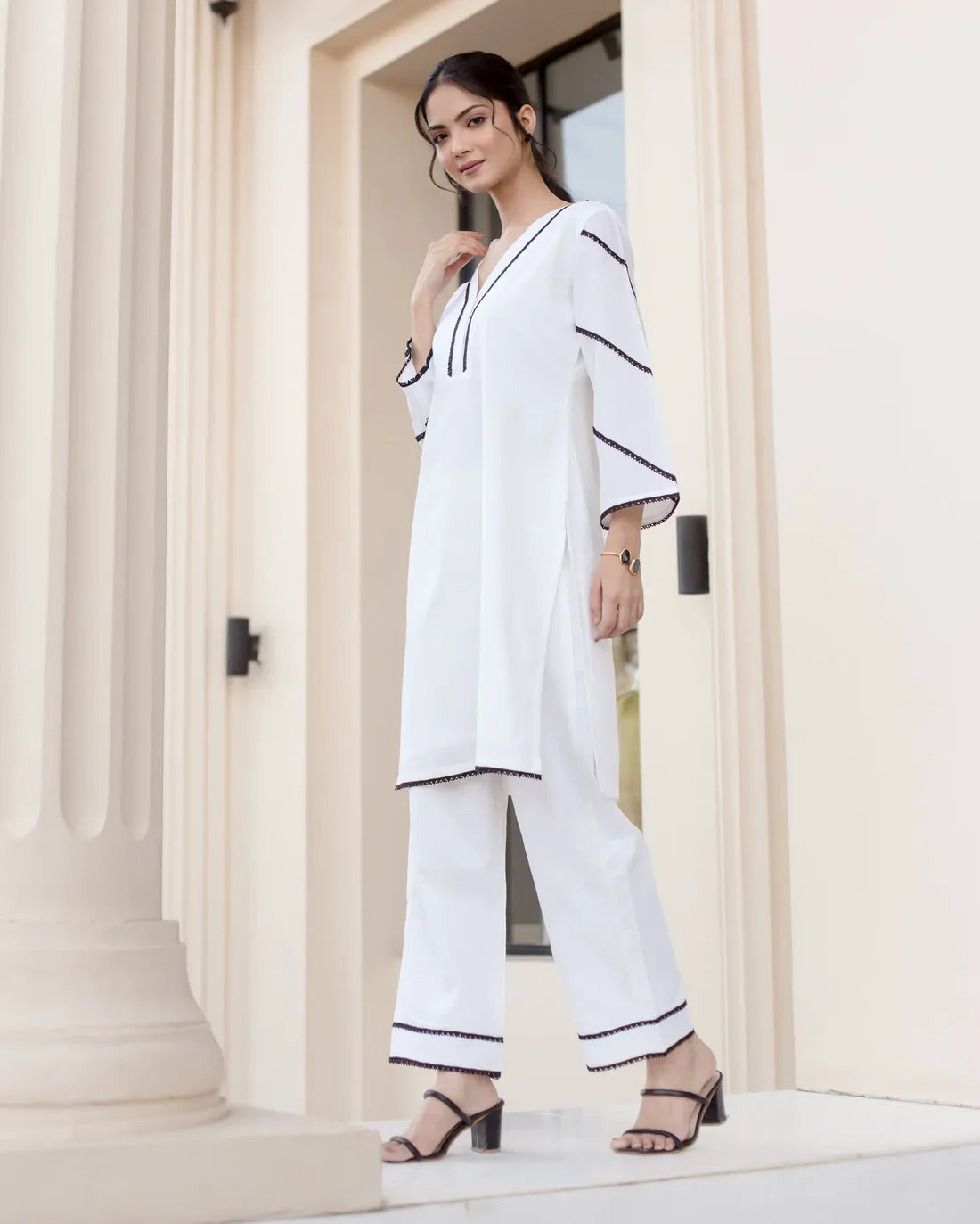 "Contessa" - Crisp White Cotton Straight Kurta Set with Black Contrast Piping