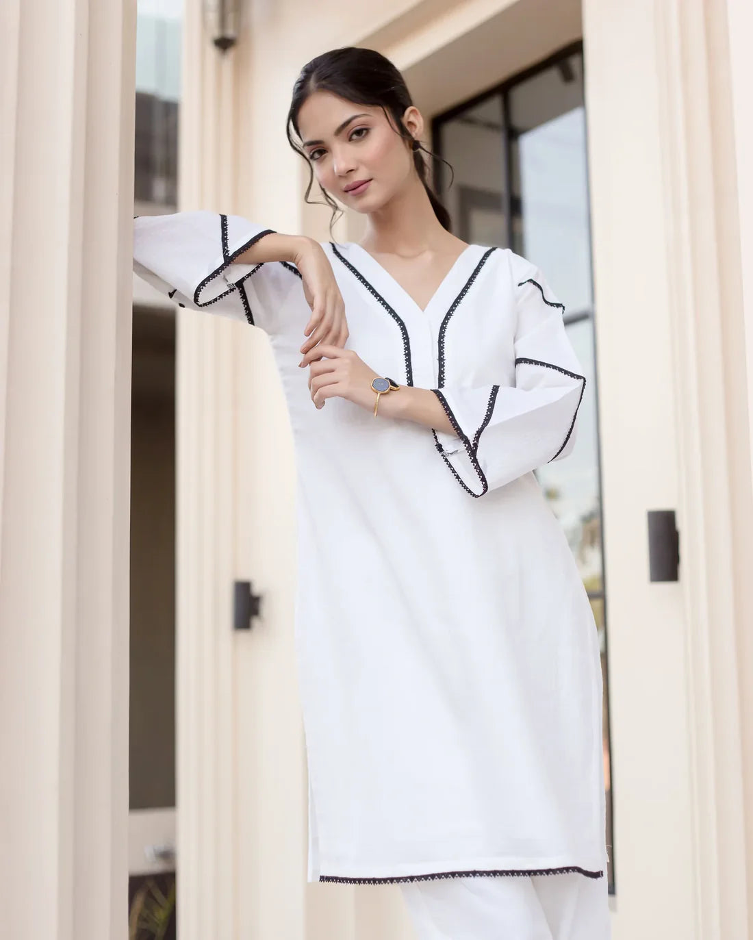 "Contessa" - Crisp White Cotton Straight Kurta Set with Black Contrast Piping