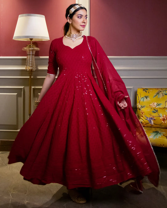 Regal Maroon Sequin Rayon Anarkali Suit Set
