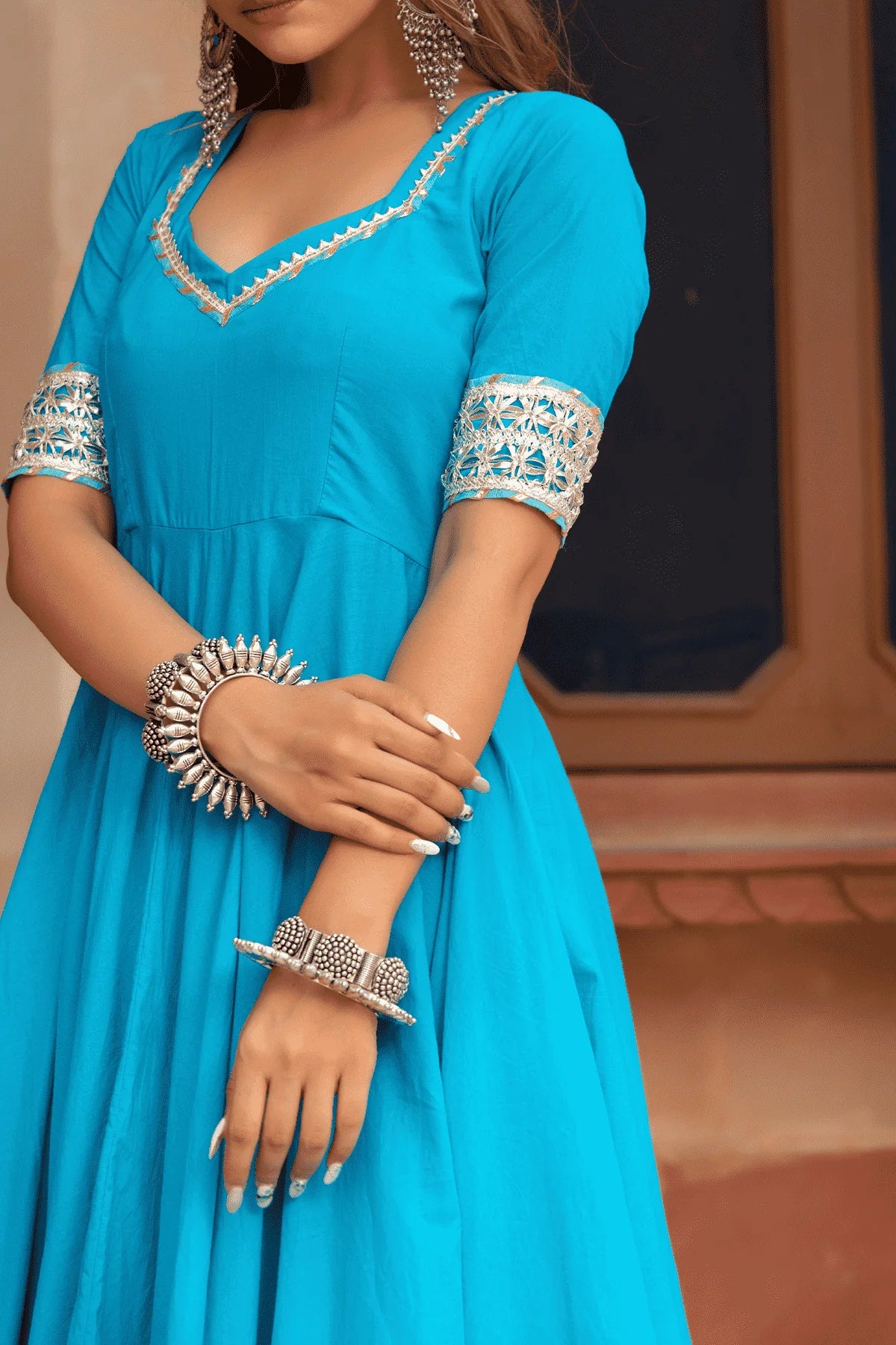 Kalamkari Bloom – Blue Cotton Anarkali with Net Dupatta