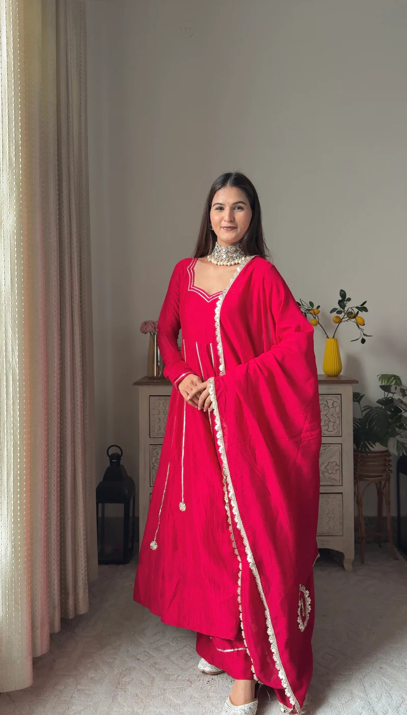 "Arka" - Vibrant Red Georgette Anarkali Suit Set with Gold Gota