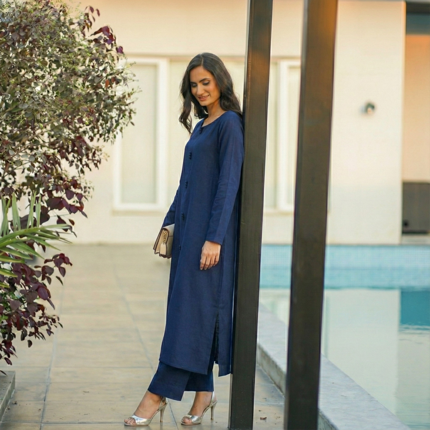 "Neelam" - Navy Blue Solid Rayon Button-Down Kurta Set