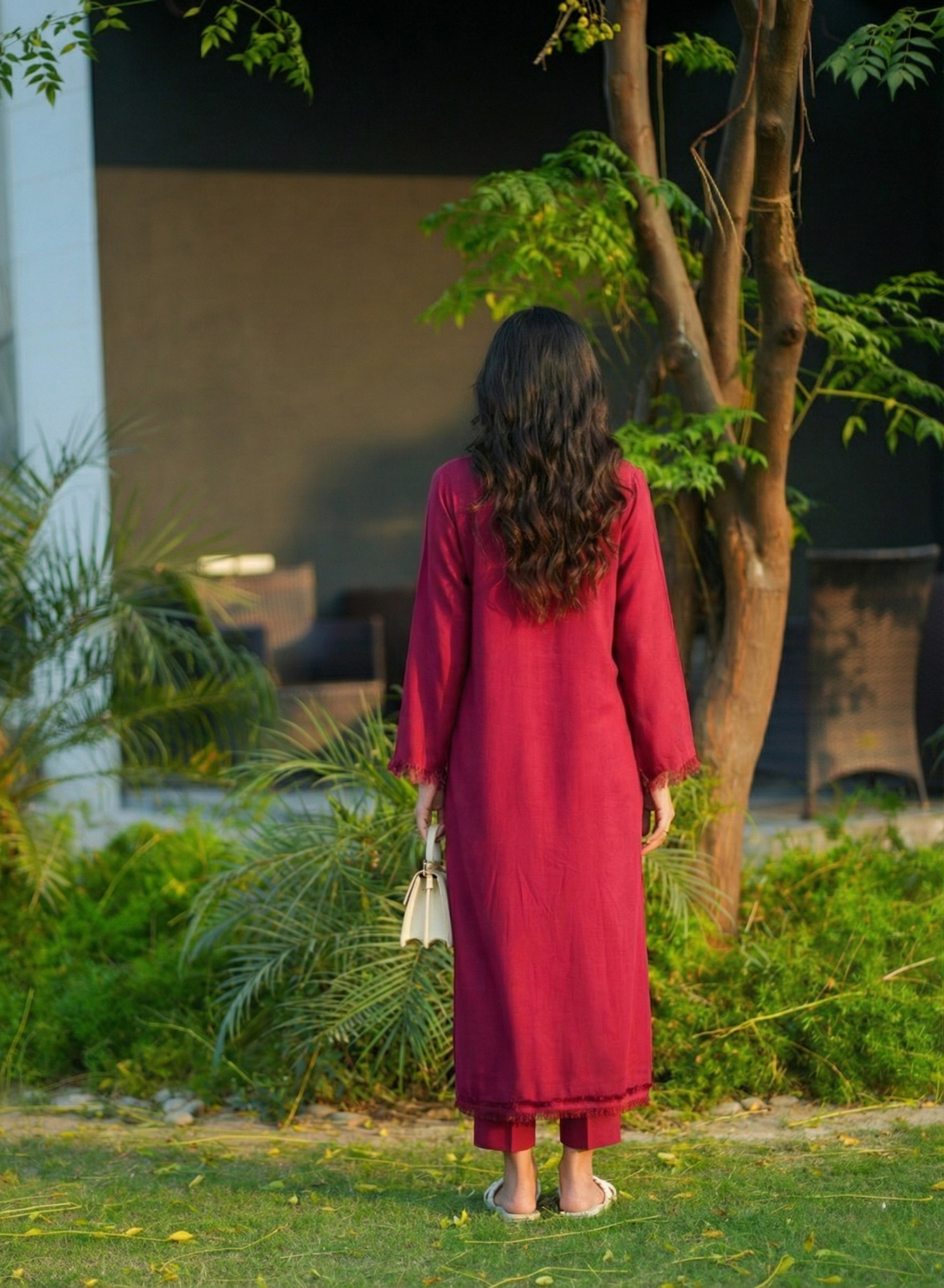 "Amara" - Magenta Solid Rayon Kurta Set with Fringe Detail