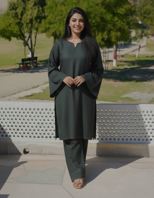 "Vana" - Dark Green Rayon Kurta Set with Bell Sleeves