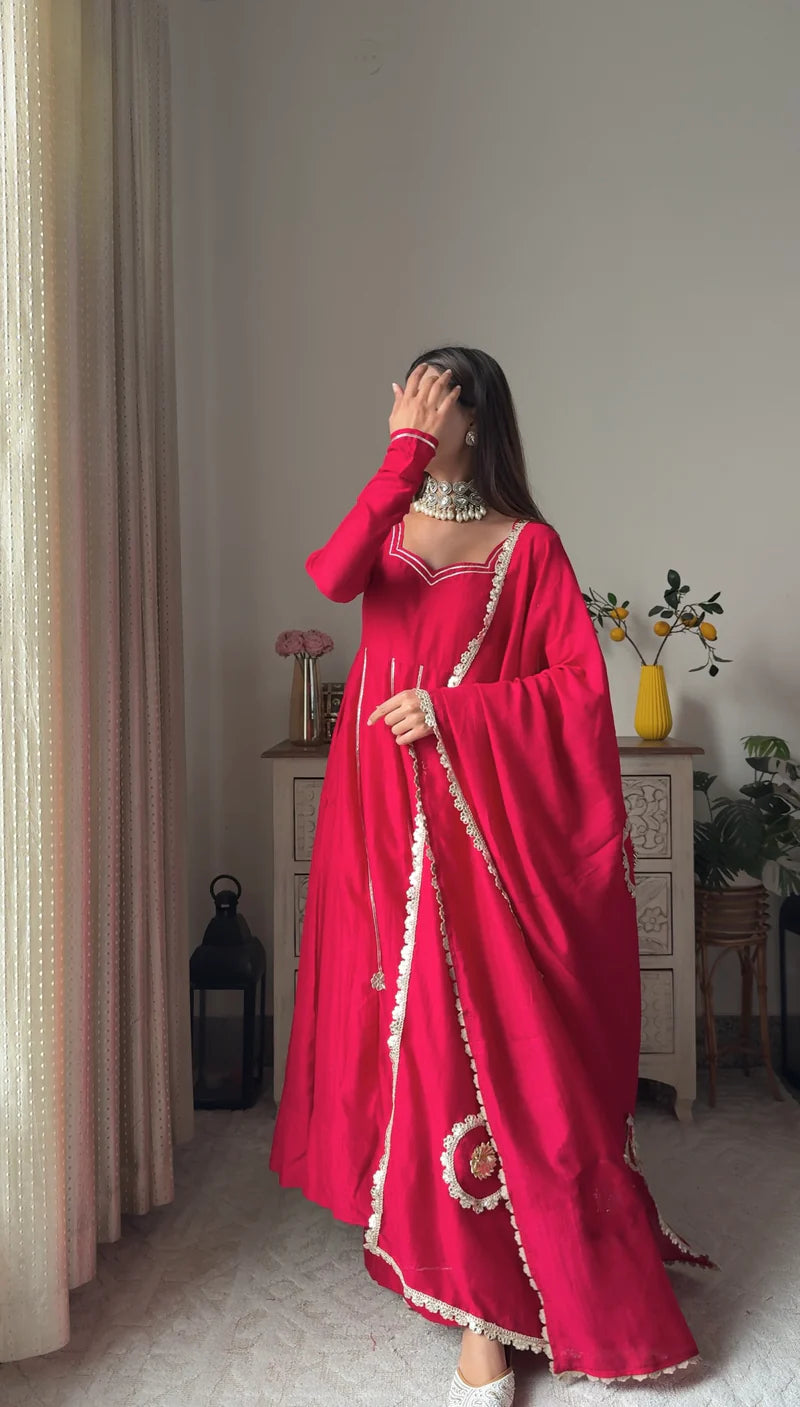 "Arka" - Vibrant Red Georgette Anarkali Suit Set with Gold Gota