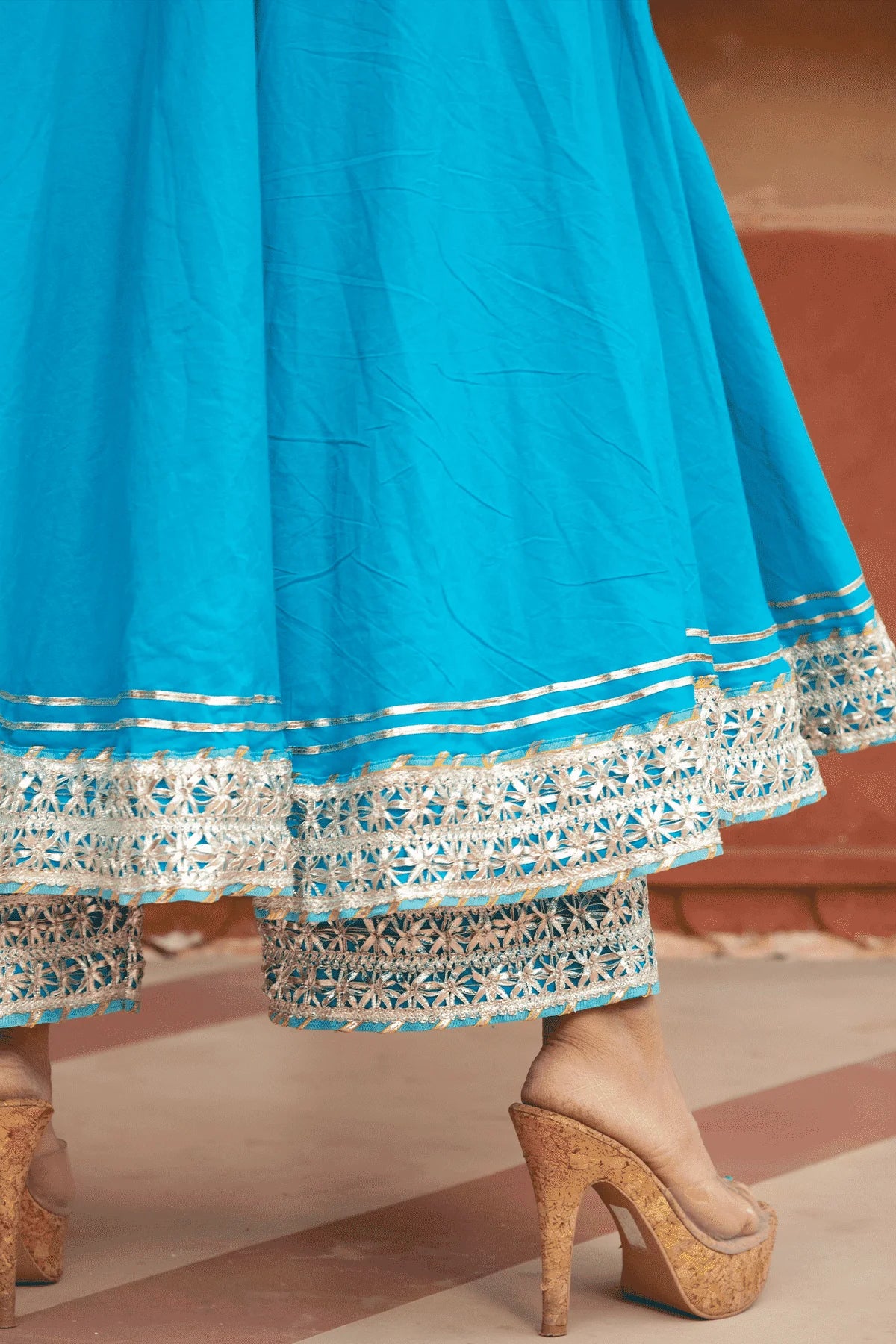 Kalamkari Bloom – Blue Cotton Anarkali with Net Dupatta
