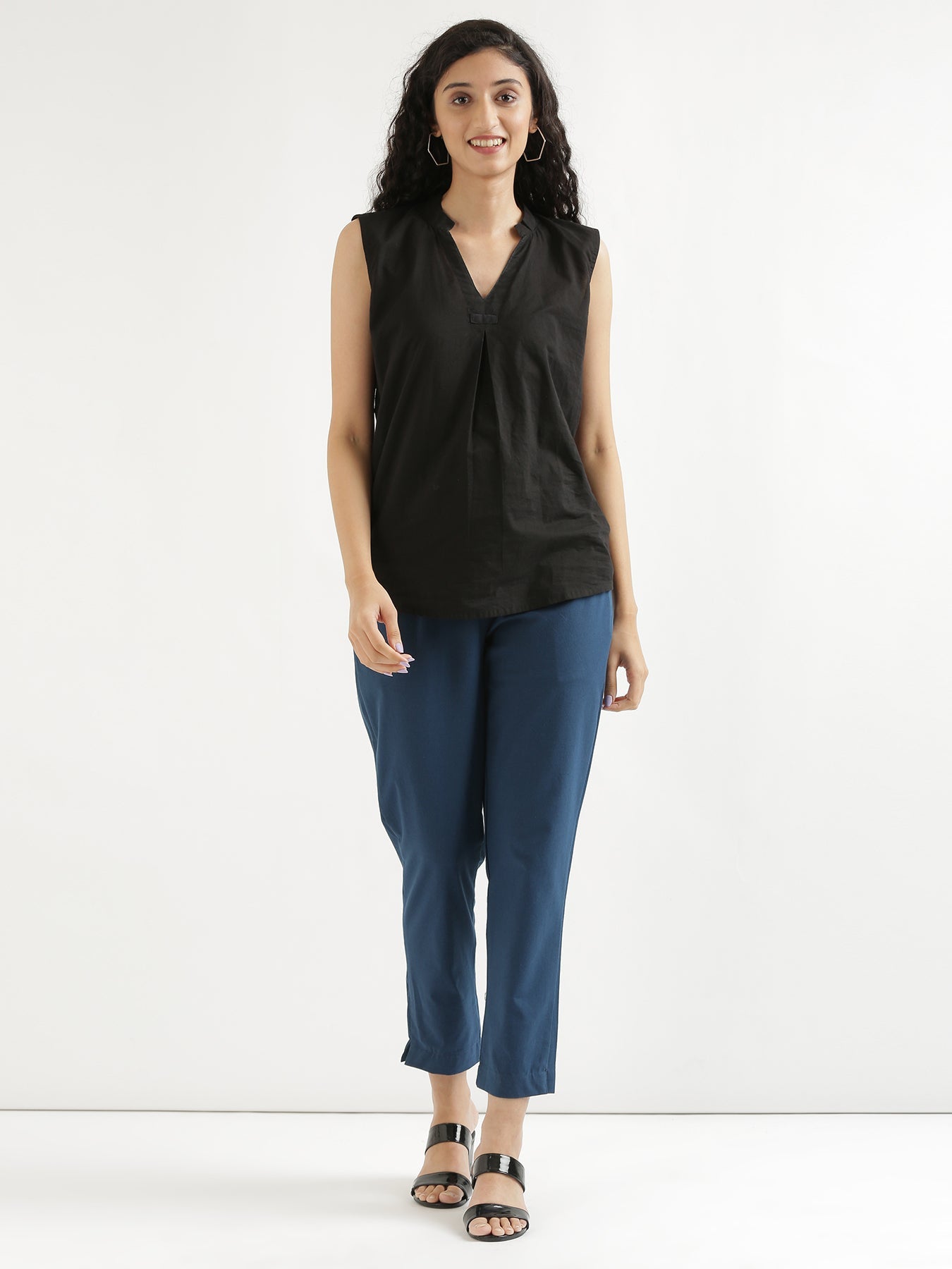 Vedora Vibrance: Peacock Blue Cotton Pants for Bold Elegance