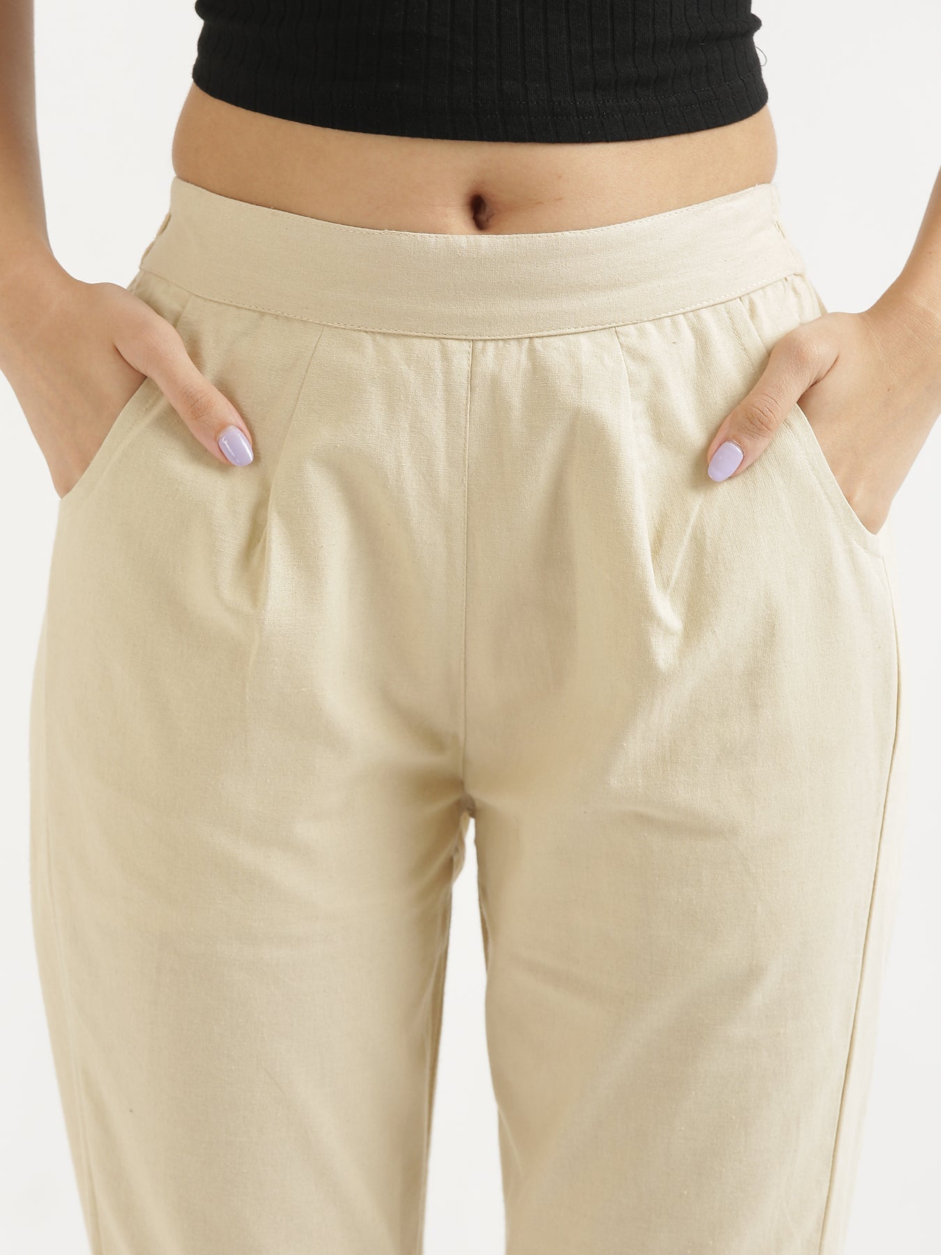 Vedora Essentials: Beige Cotton Pants for Seamless Style