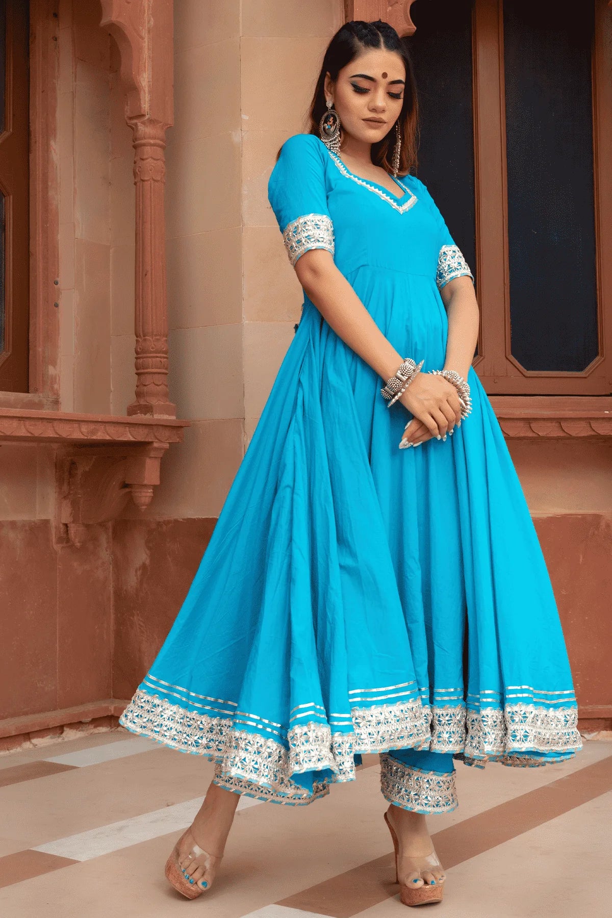 Kalamkari Bloom – Blue Cotton Anarkali with Net Dupatta