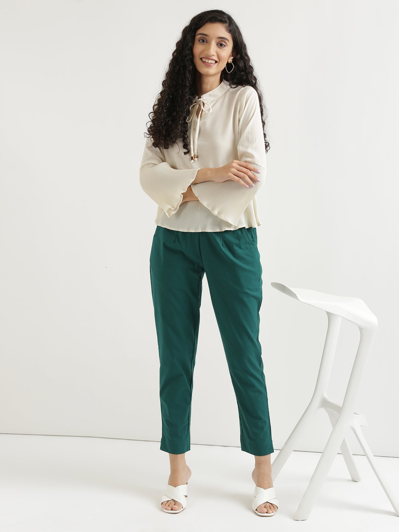 Vedora Essentials: Bottle Green Cotton Pants – Comfort in Every Size
