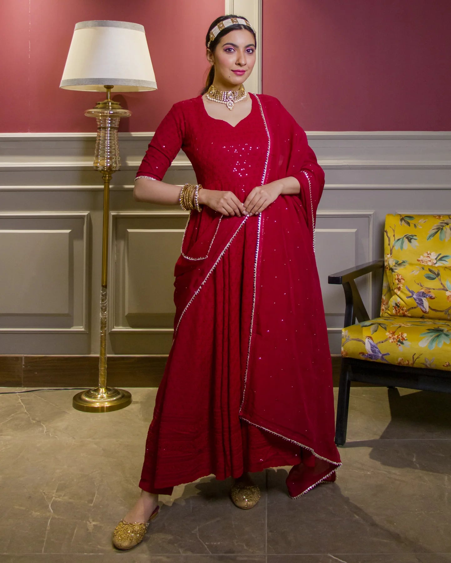 Regal Maroon Sequin Rayon Anarkali Suit Set
