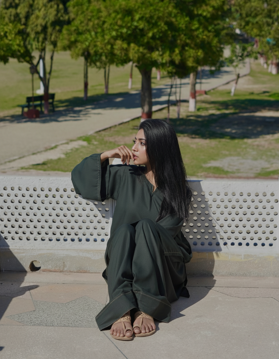 "Vana" - Dark Green Rayon Kurta Set with Bell Sleeves