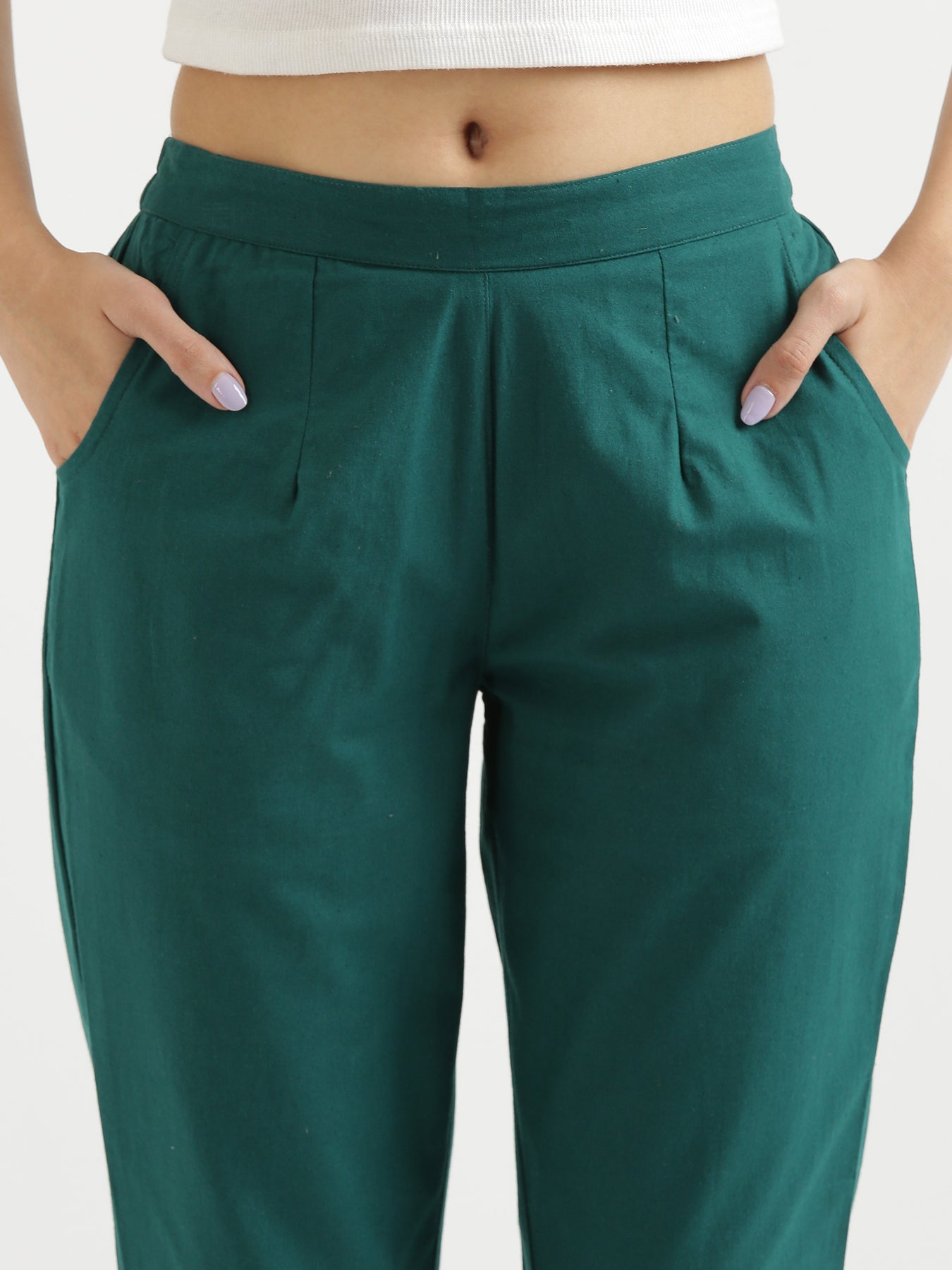 Vedora Essentials: Bottle Green Cotton Pants – Comfort in Every Size