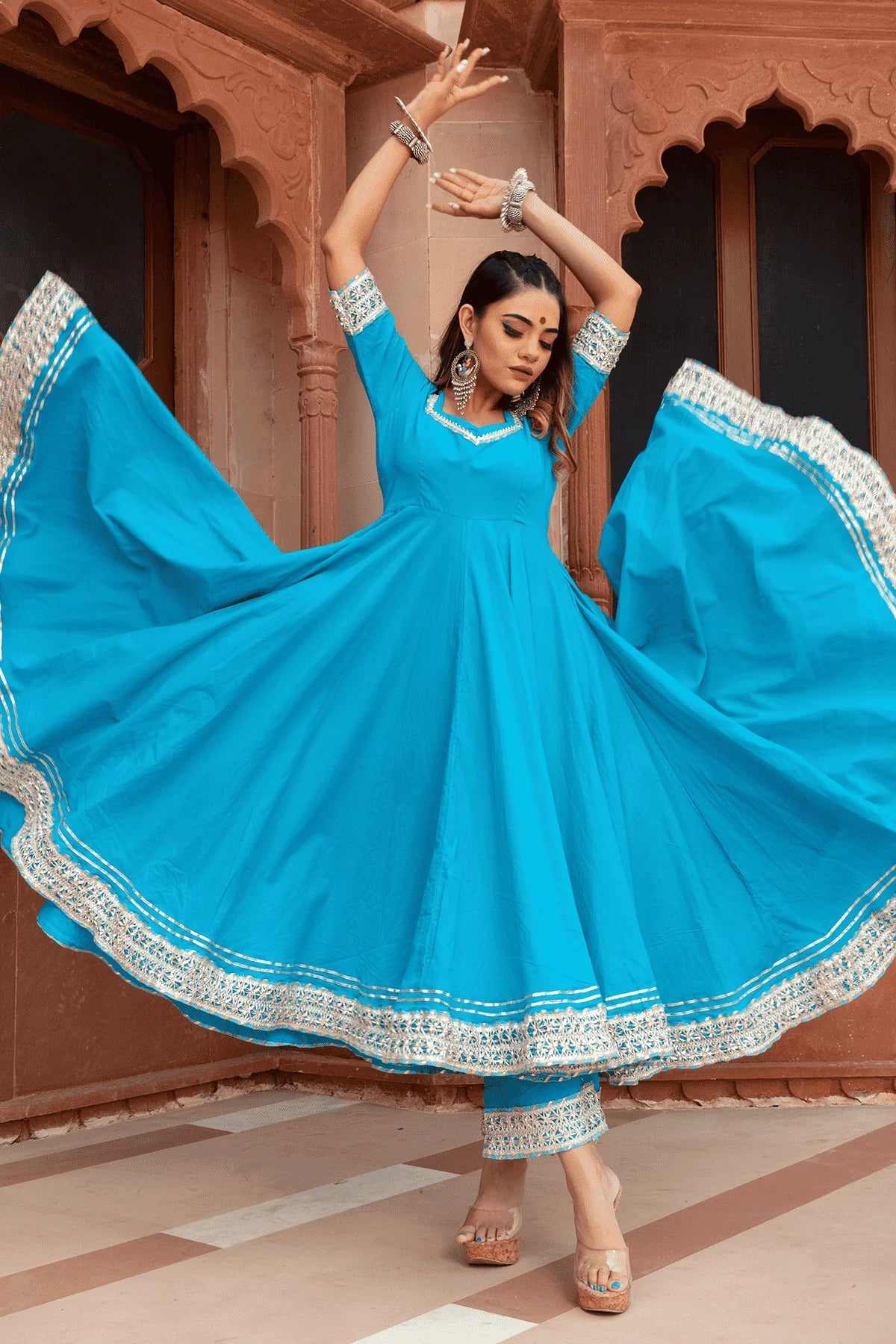 Kalamkari Bloom – Blue Cotton Anarkali with Net Dupatta