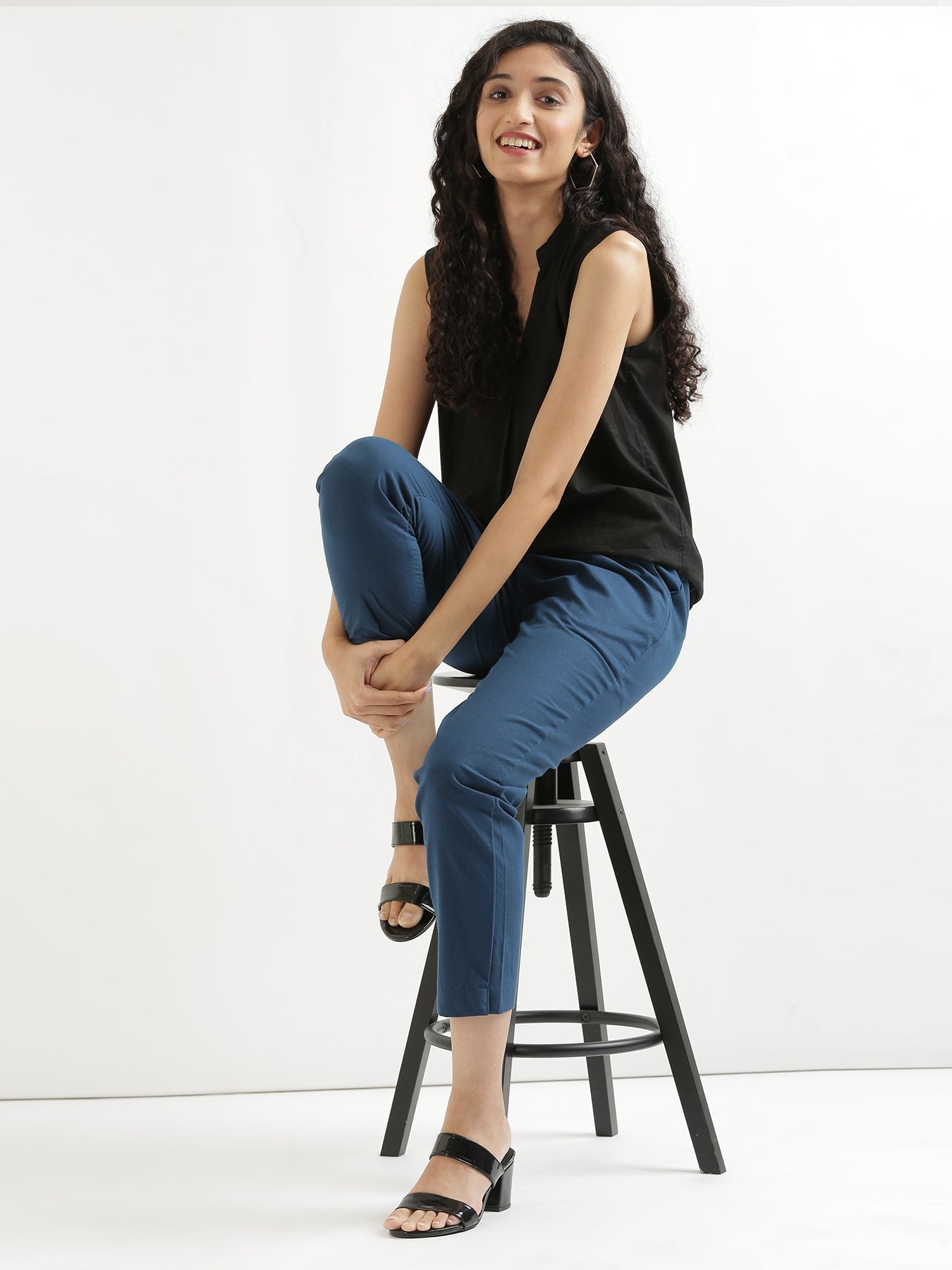 Vedora Vibrance: Peacock Blue Cotton Pants for Bold Elegance