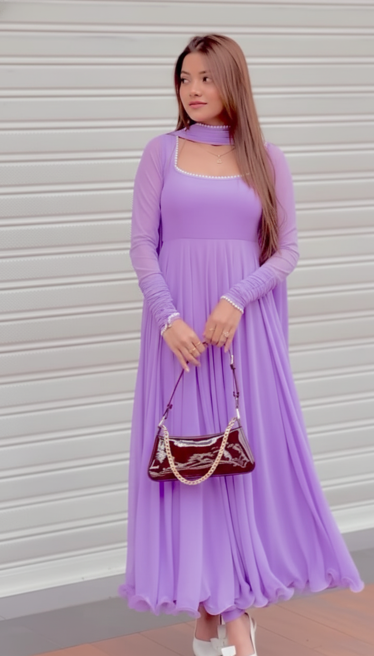 "Lila" - Lavender Georgette Anarkali Suit Set with Pompom Lace