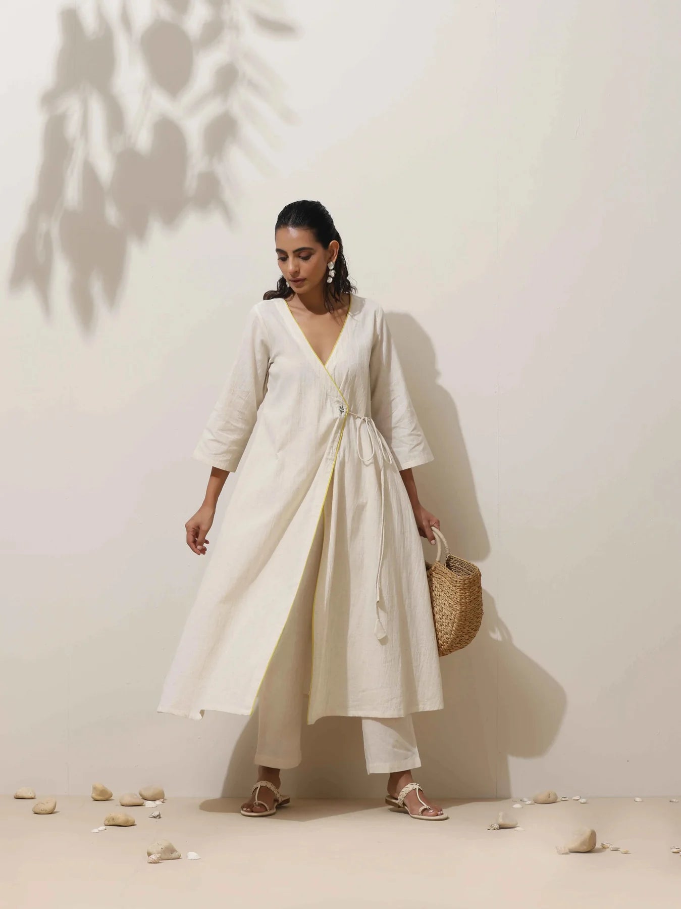 Off-White Cotton Linen Angrakha Kurta Pant Set