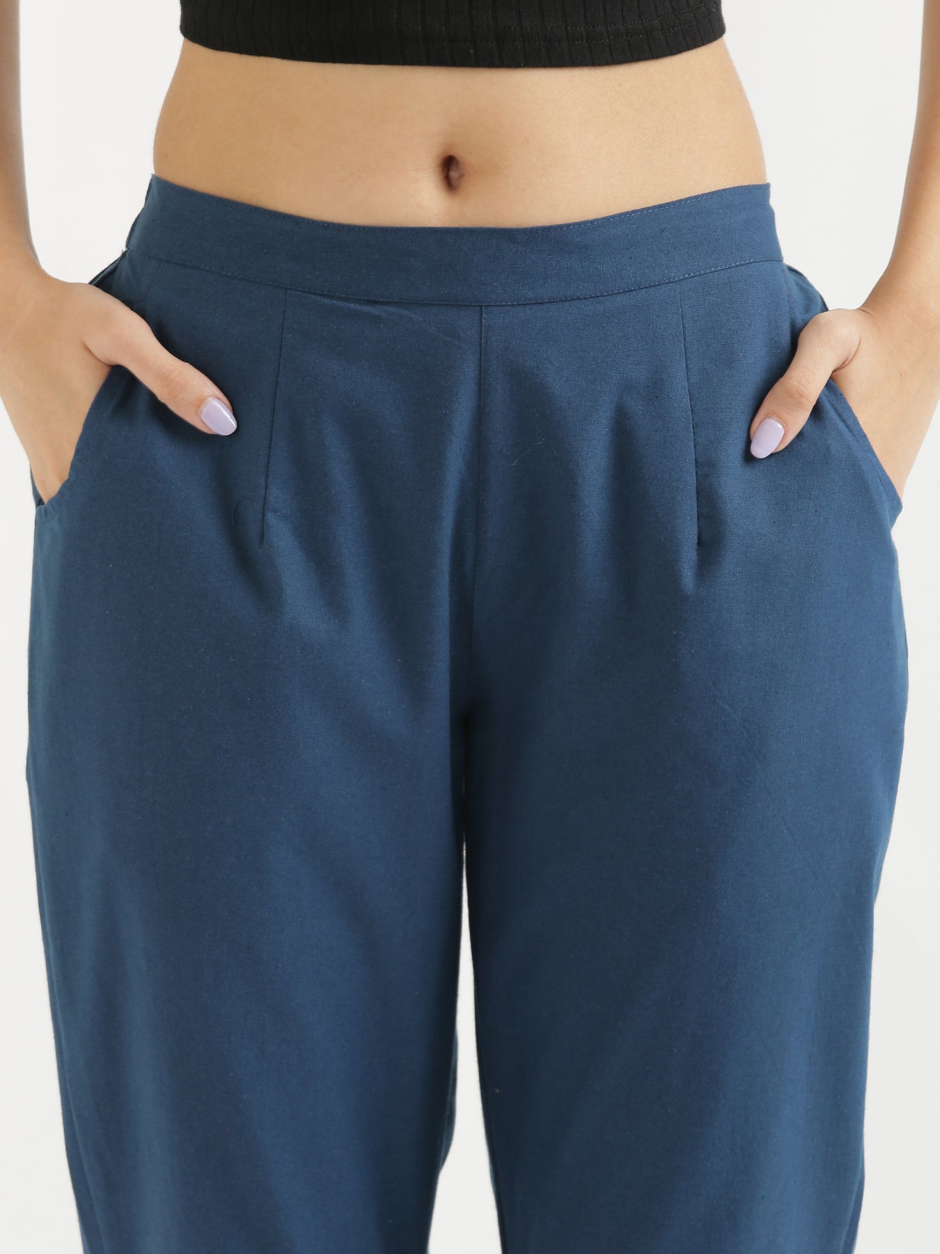 Vedora Vibrance: Peacock Blue Cotton Pants for Bold Elegance