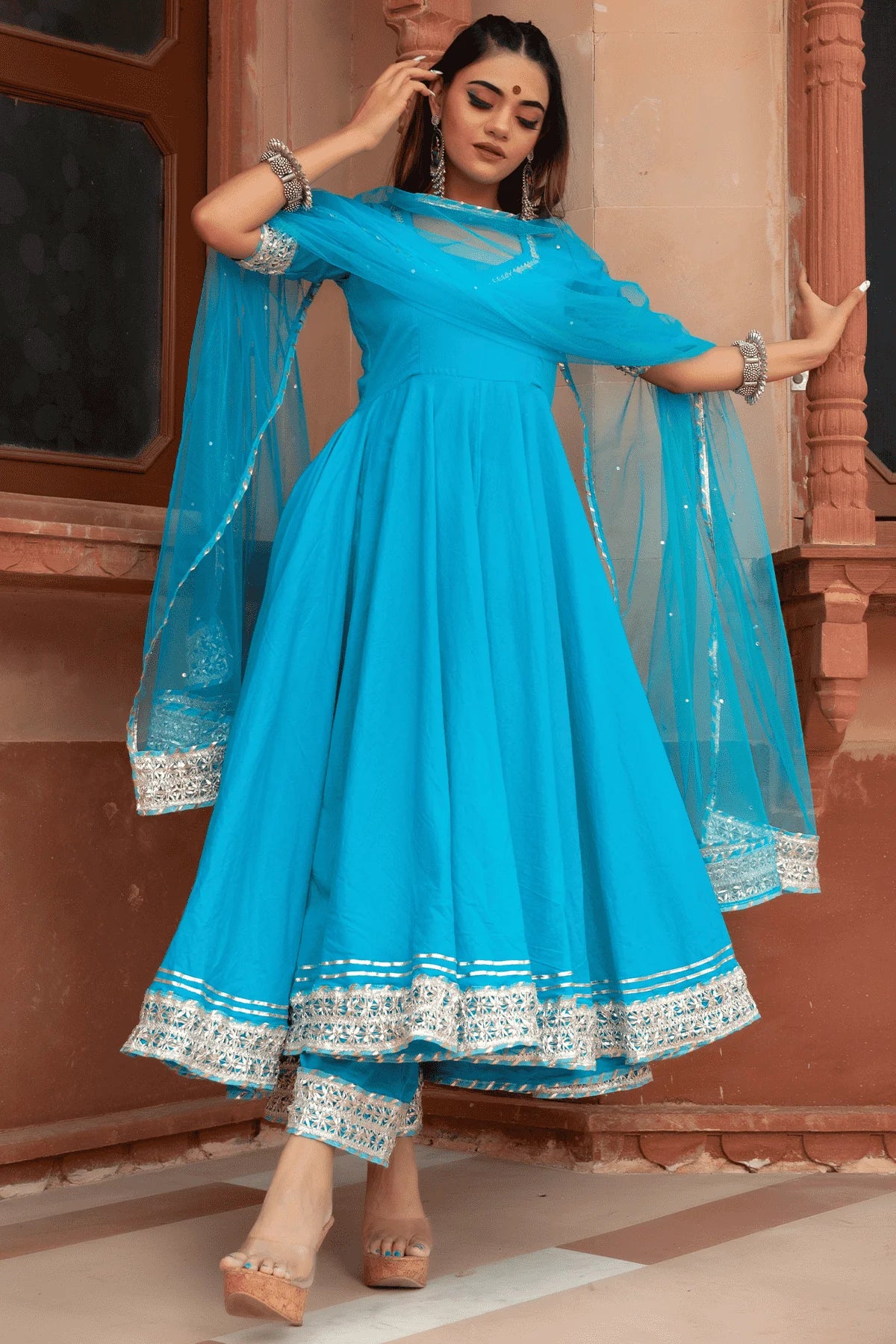 Kalamkari Bloom – Blue Cotton Anarkali with Net Dupatta