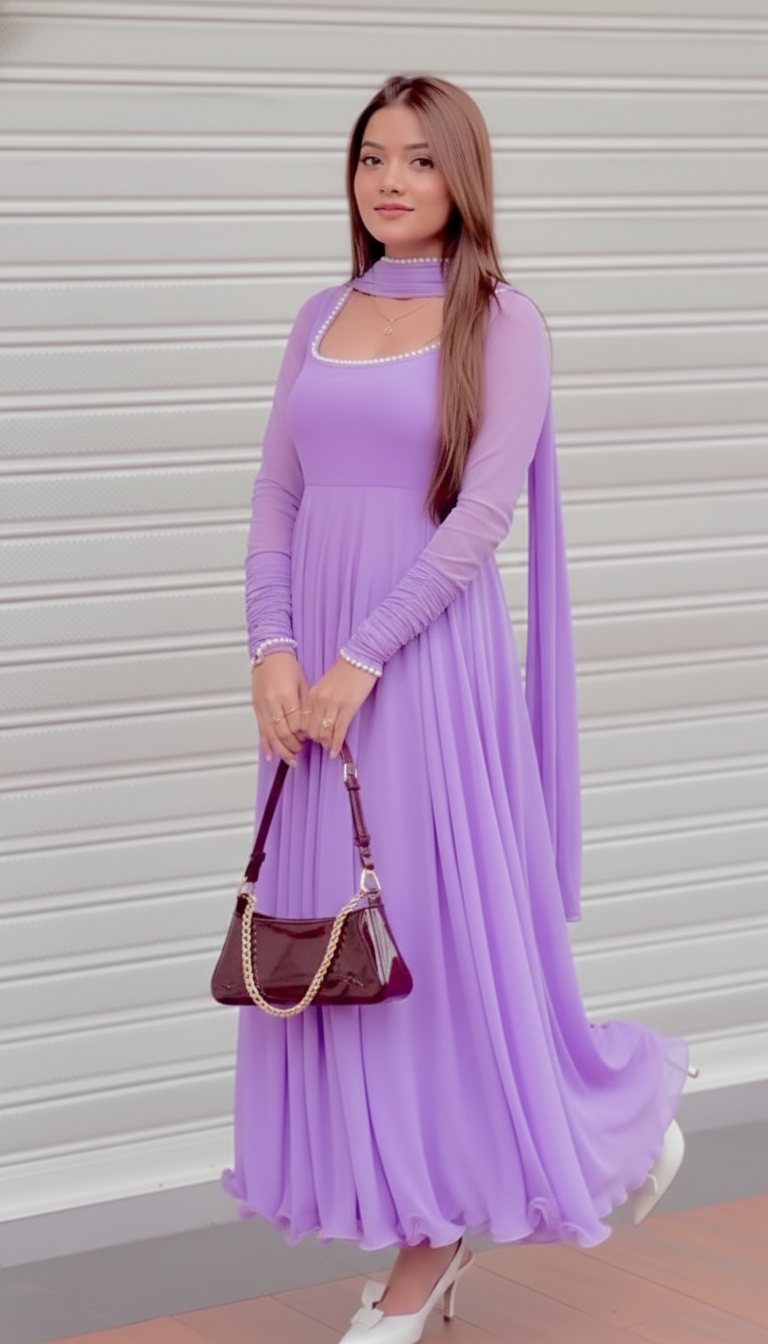 "Lila" - Lavender Georgette Anarkali Suit Set with Pompom Lace