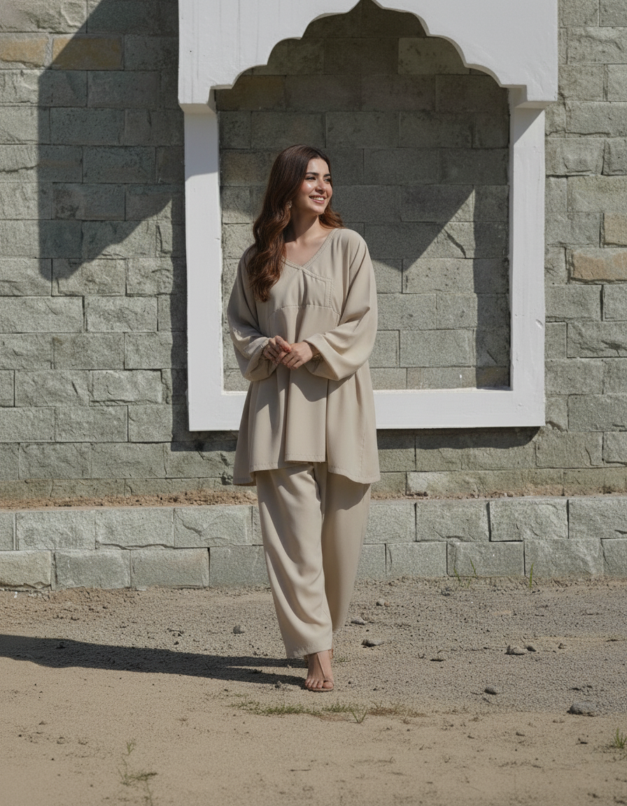 "Mrinalini" - Beige Rayon Gathered Tunic Co-ord Set