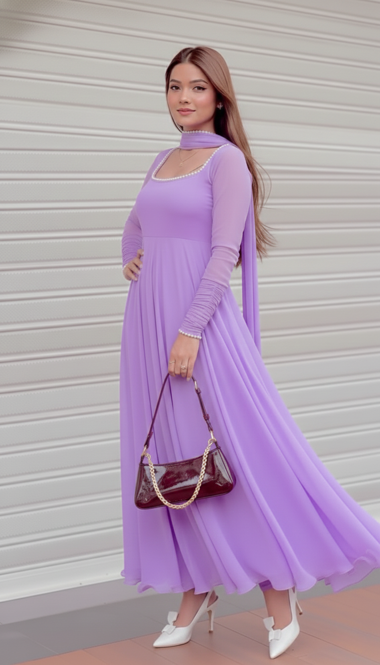 "Lila" - Lavender Georgette Anarkali Suit Set with Pompom Lace