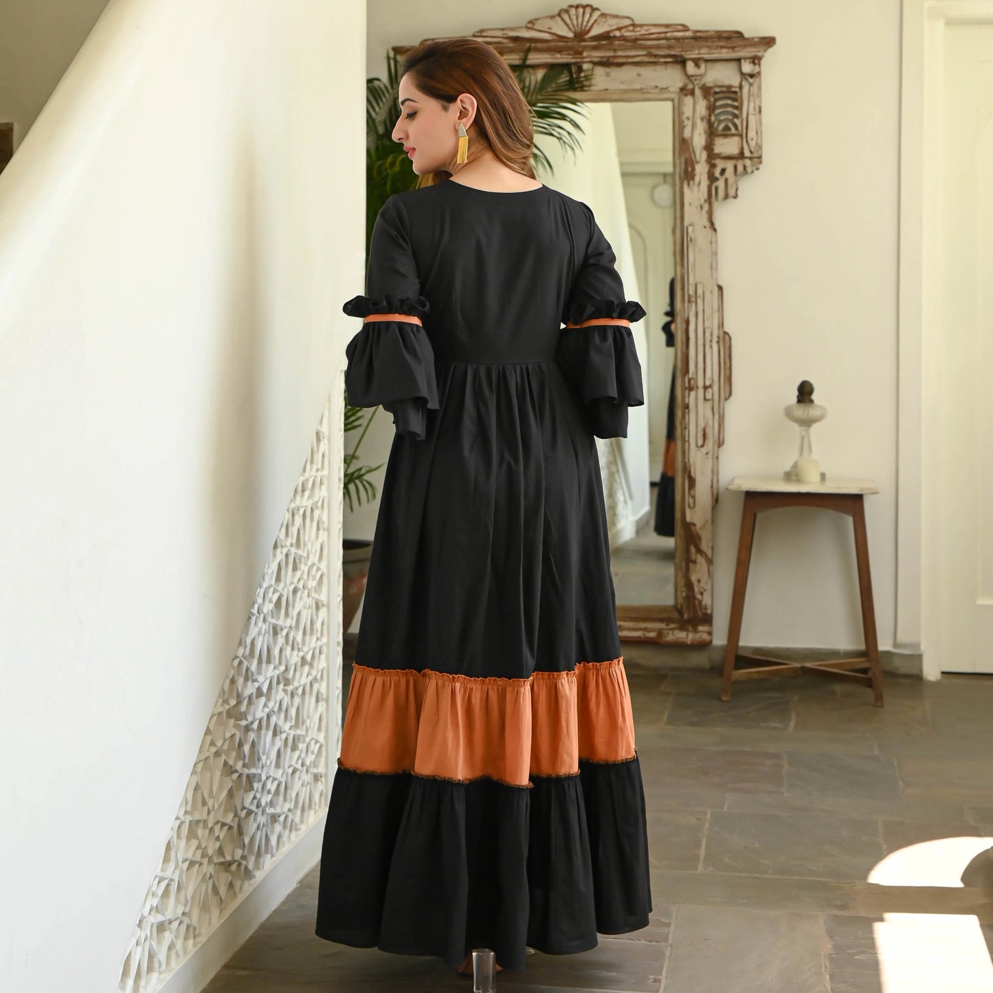 Black & Rust Tiered Maxi Dress with Flared Sleeves