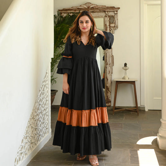 Black & Rust Tiered Maxi Dress with Flared Sleeves
