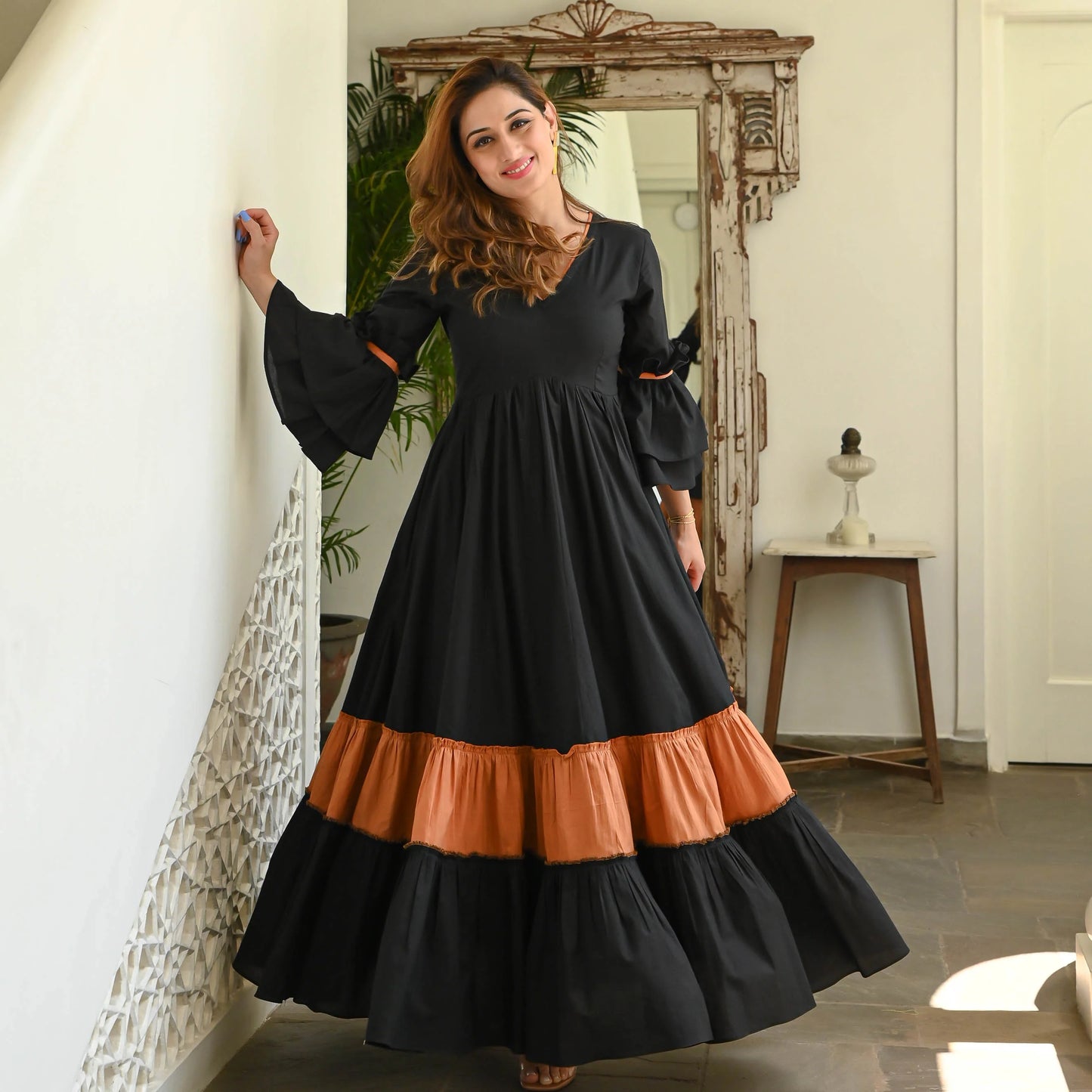 Black & Rust Tiered Maxi Dress with Flared Sleeves