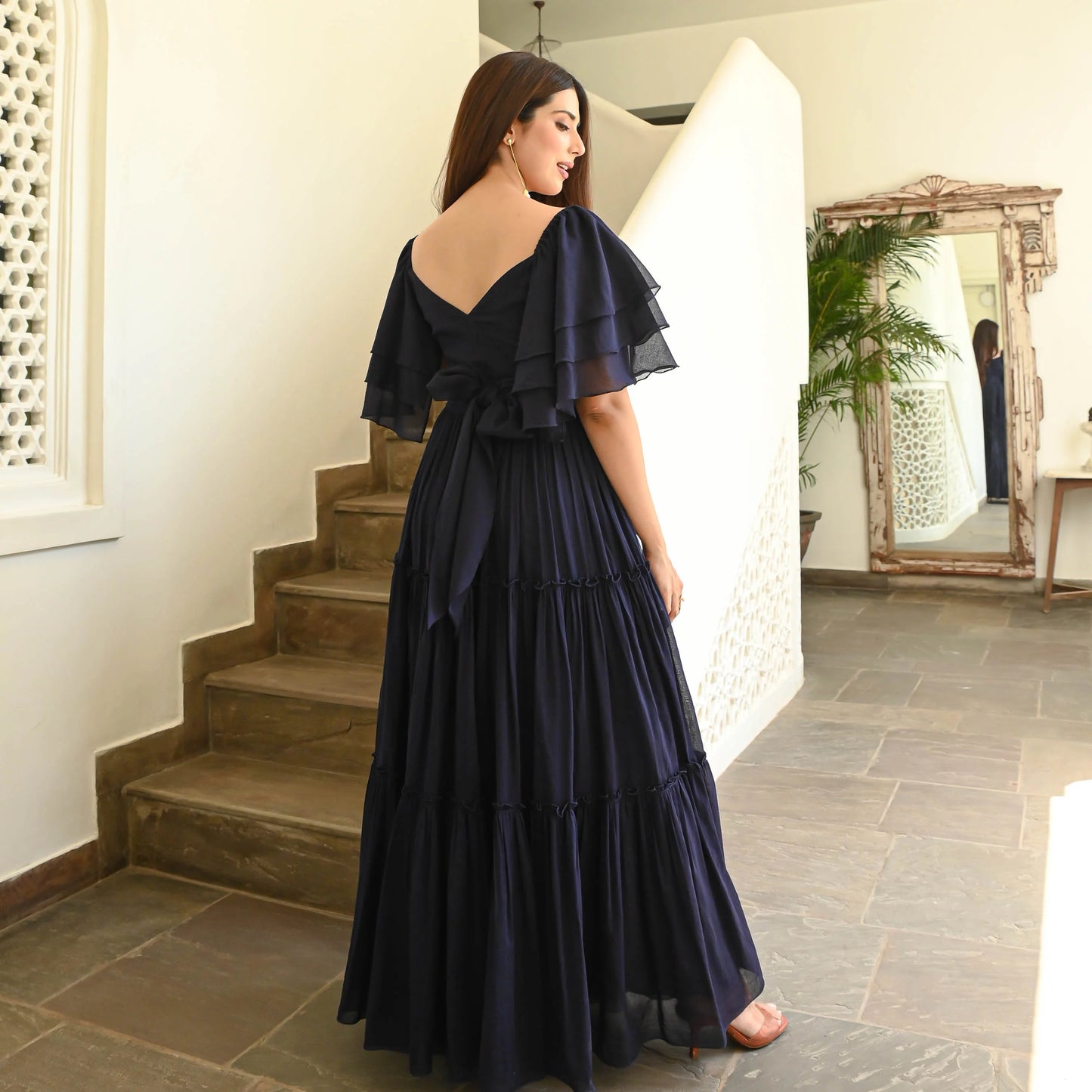 Navy Ruffle Sleeve Tiered Maxi Dress