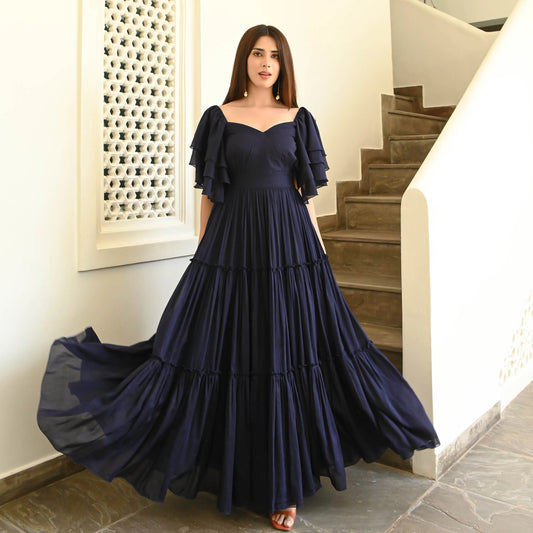 Navy Ruffle Sleeve Tiered Maxi Dress