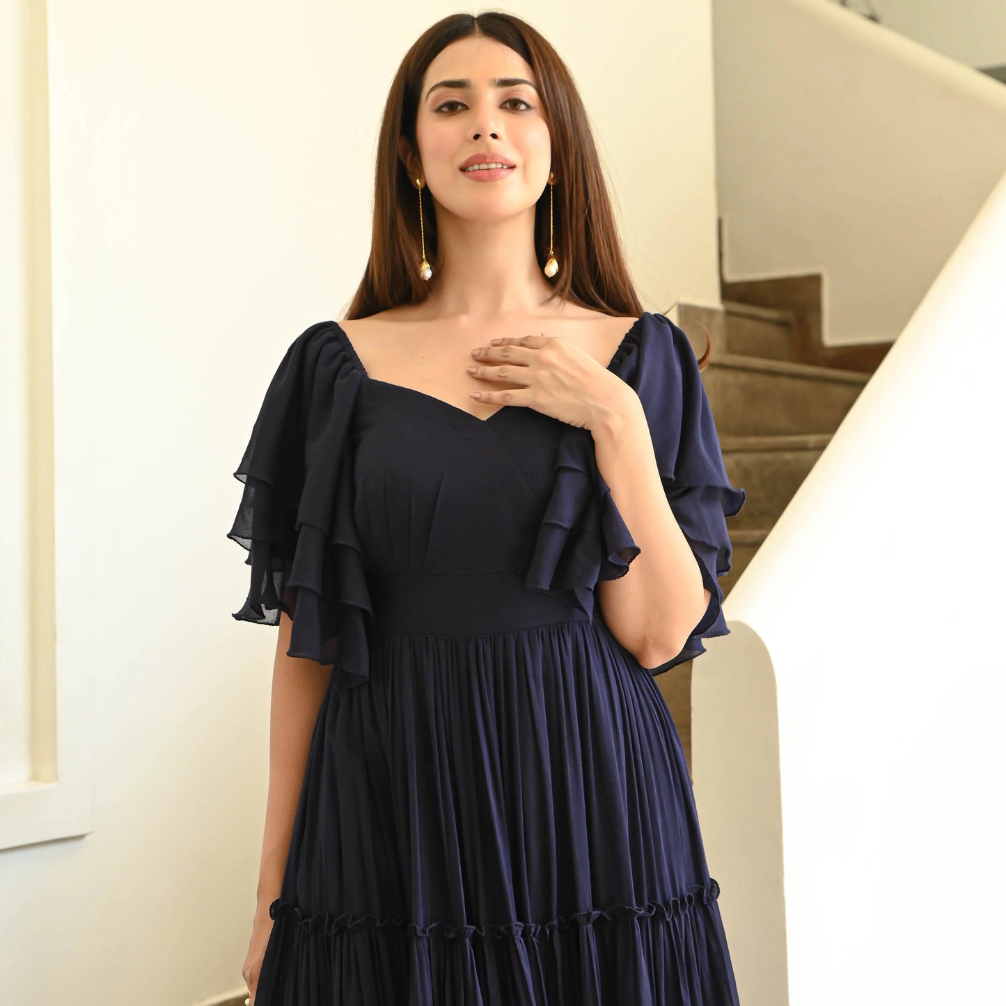 Navy Ruffle Sleeve Tiered Maxi Dress