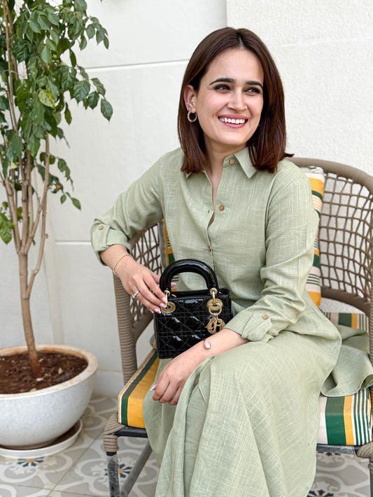 Urban Ease Sage Green Cotton Co-ord Set – Collar Kurta with Pants