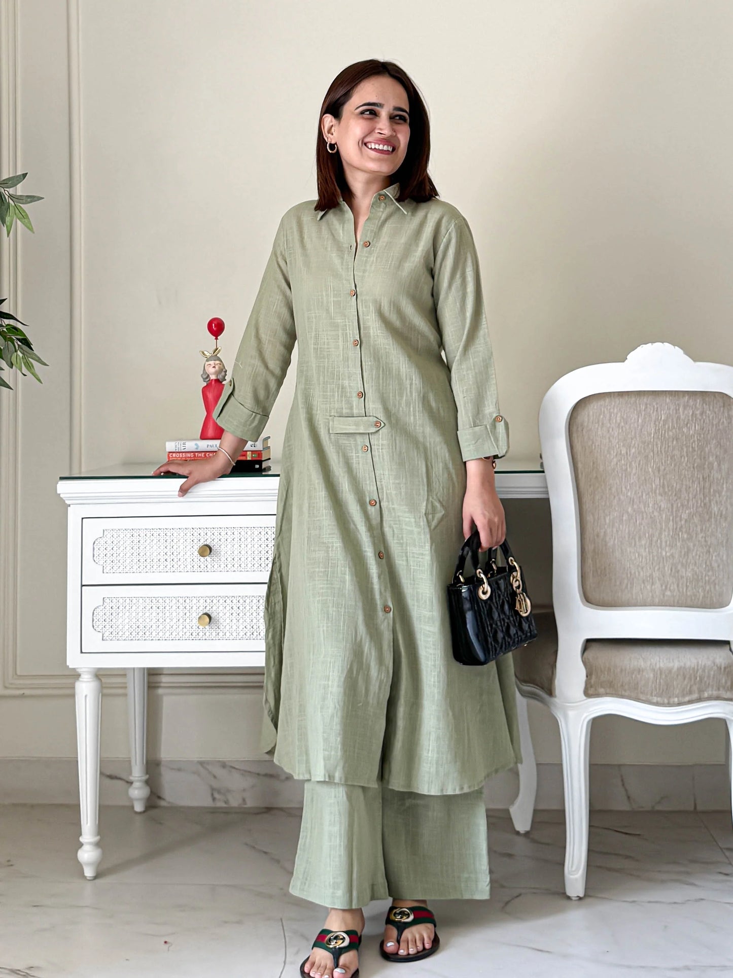 Urban Ease Sage Green Cotton Co-ord Set – Collar Kurta with Pants