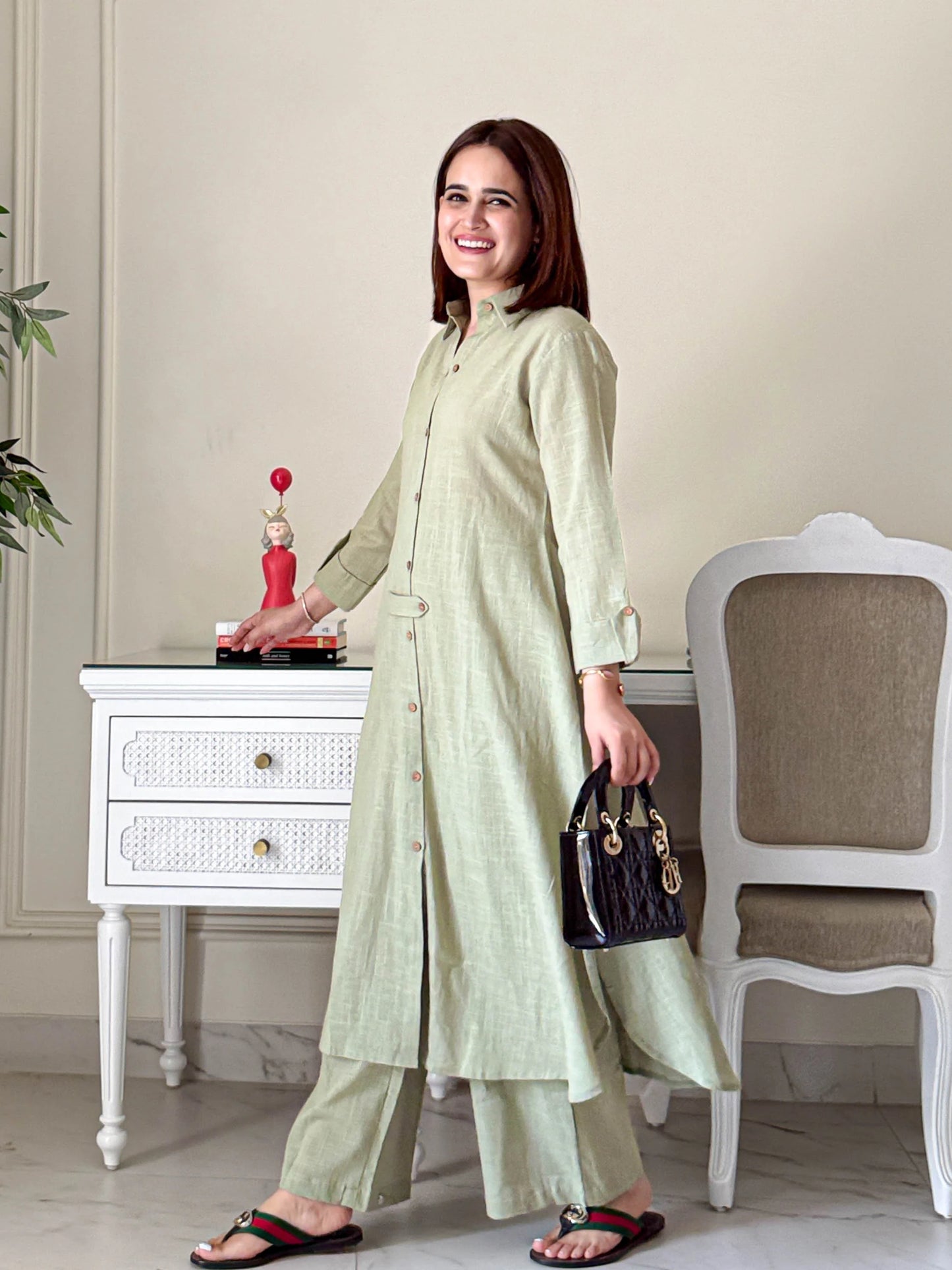 Urban Ease Sage Green Cotton Co-ord Set – Collar Kurta with Pants