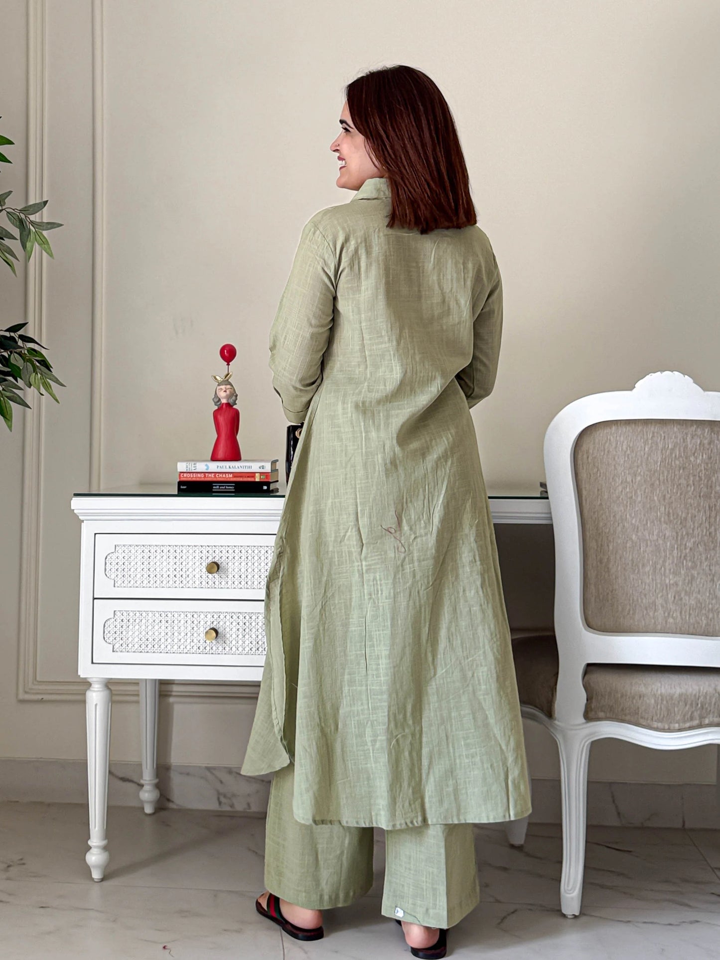 Urban Ease Sage Green Cotton Co-ord Set – Collar Kurta with Pants