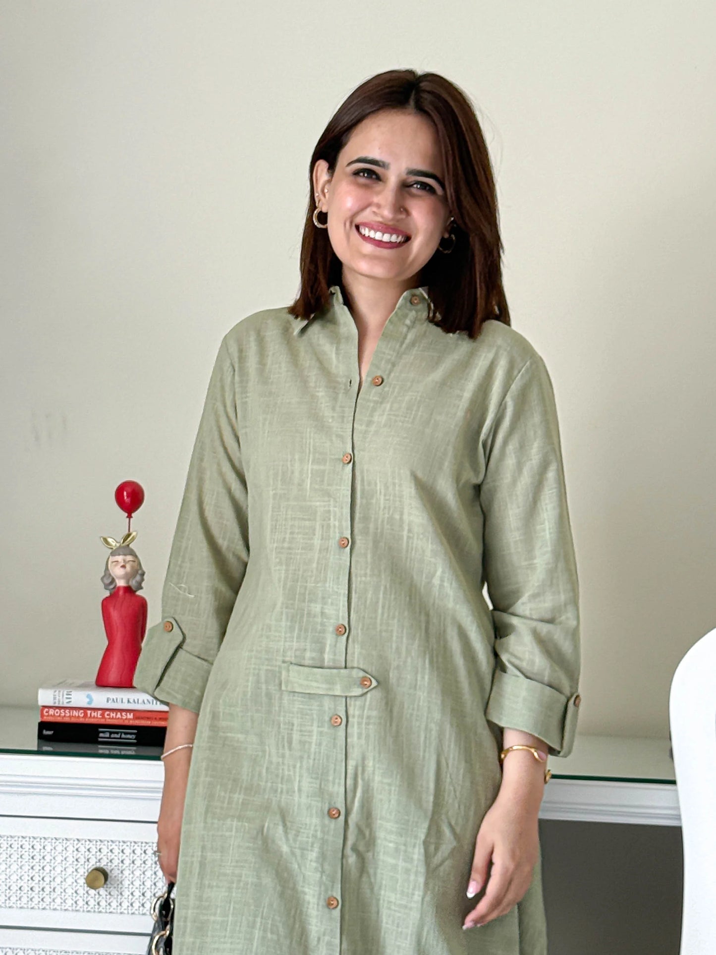 Urban Ease Sage Green Cotton Co-ord Set – Collar Kurta with Pants