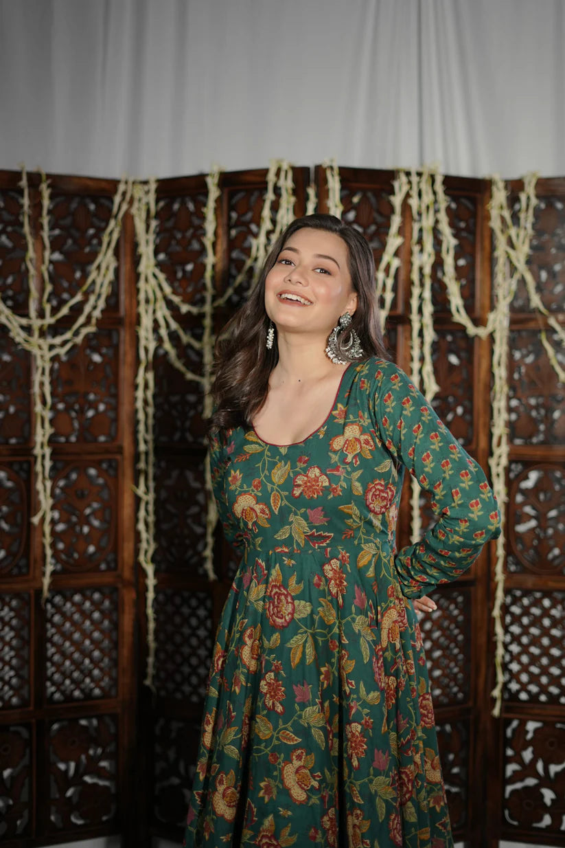 Emerald Bloom Cotton Anarkali Set – Handblock Floral Print & Timeless Festive Charm | Vedora